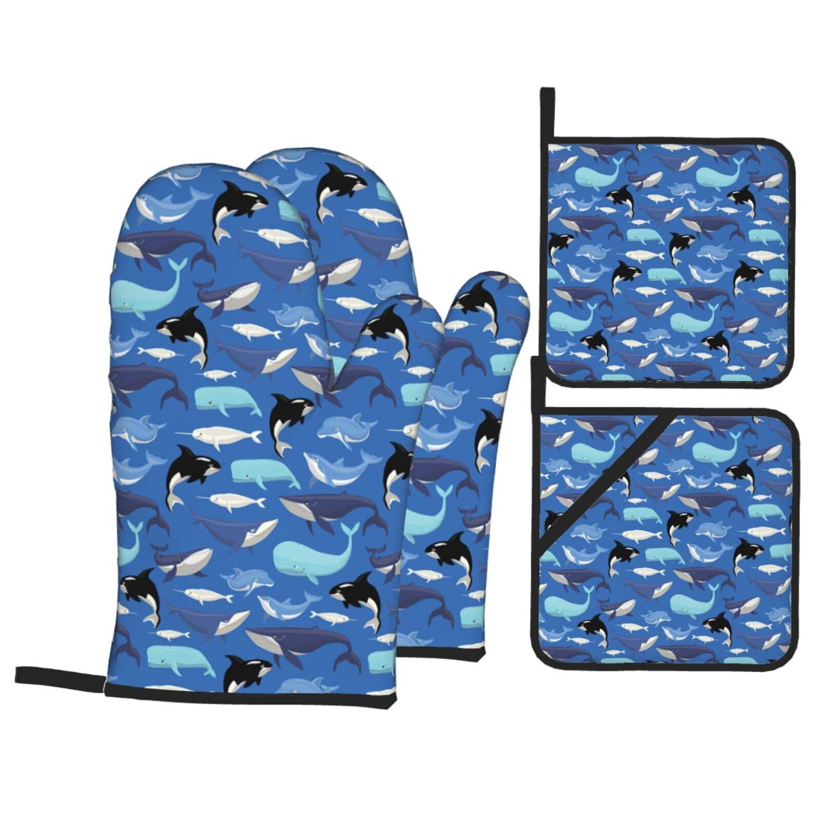 Whale Pattern Print 4-Piece Oven Microwaving Set Waterproof Kitchen Gloves for Baking Grilling Cooking