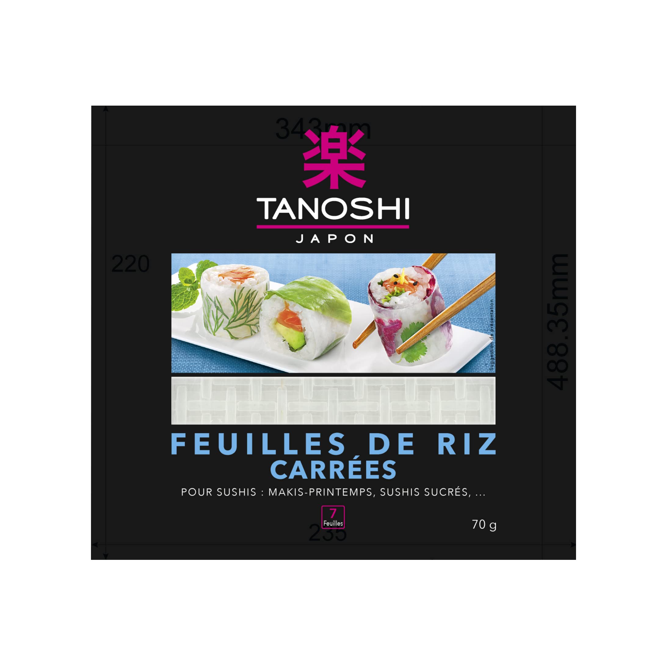 TANOSHI - Hojas de arroz cuadradas para sushi, rollitos de primavera y makis, paquete de 10 paquetes de 7 hojas