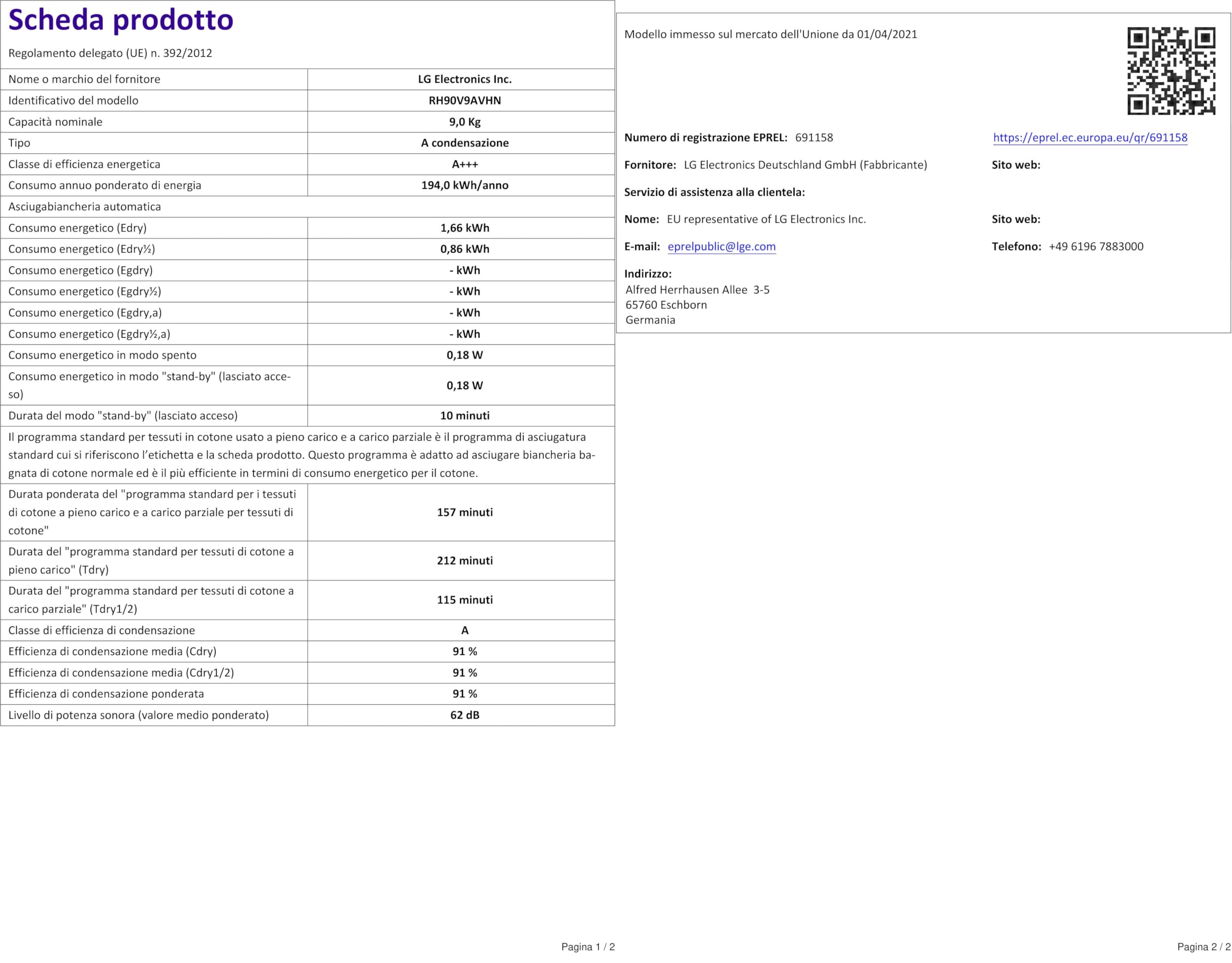 Electrolux Sèche-linge 700 DelicateCare 9 Kg EW7H59B, Classe