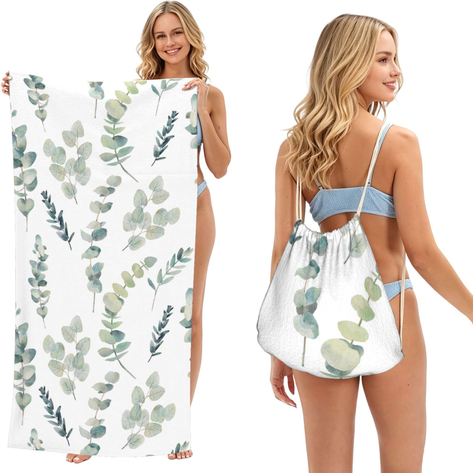 Poadnly As Picture Eucalyptus, 2 In 1 Packable Towel Bag, Beach Towels With Drawstring Backpack For Travel Holiday Camping