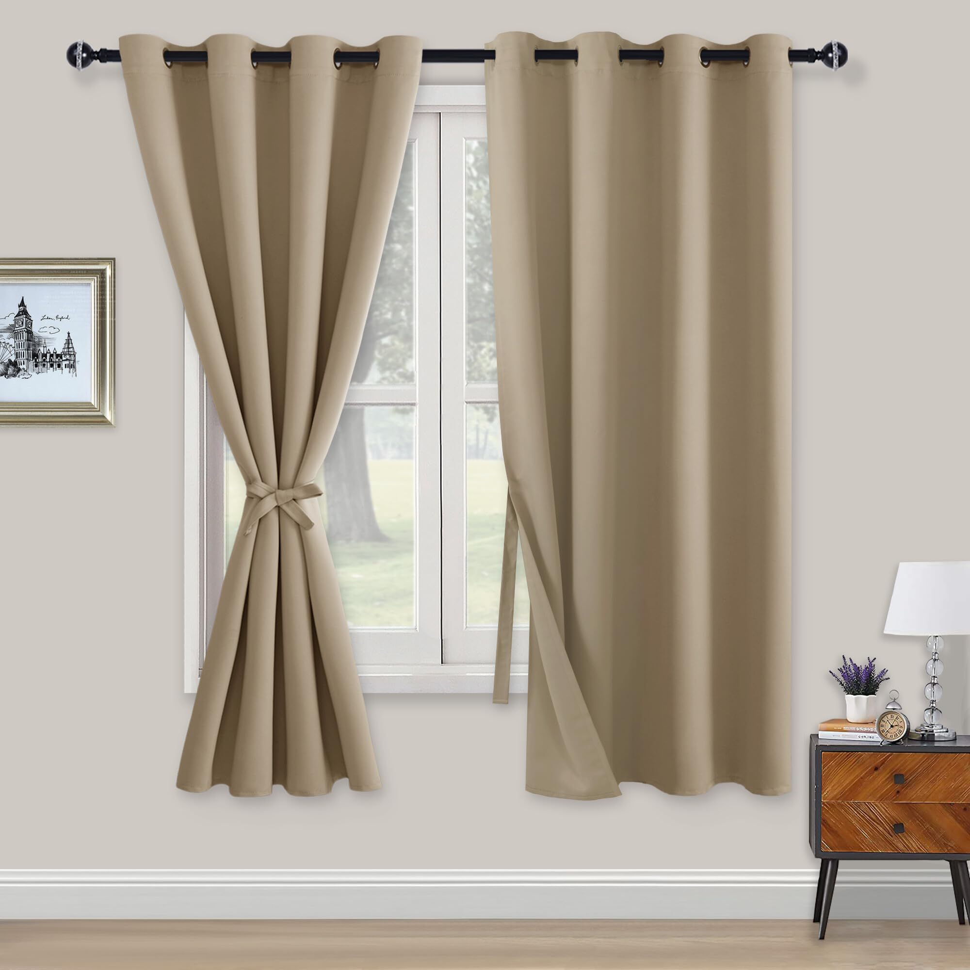 XWZO Blickdichte Vorhänge Verdunklungsvorhänge mit Ösen 2 Stücke Gardienen mit Raffhalter Lichtundurchlässige Vorhänge für Schlafzimmer,WonhzimmerBüro, 175x140 cm, Taupe