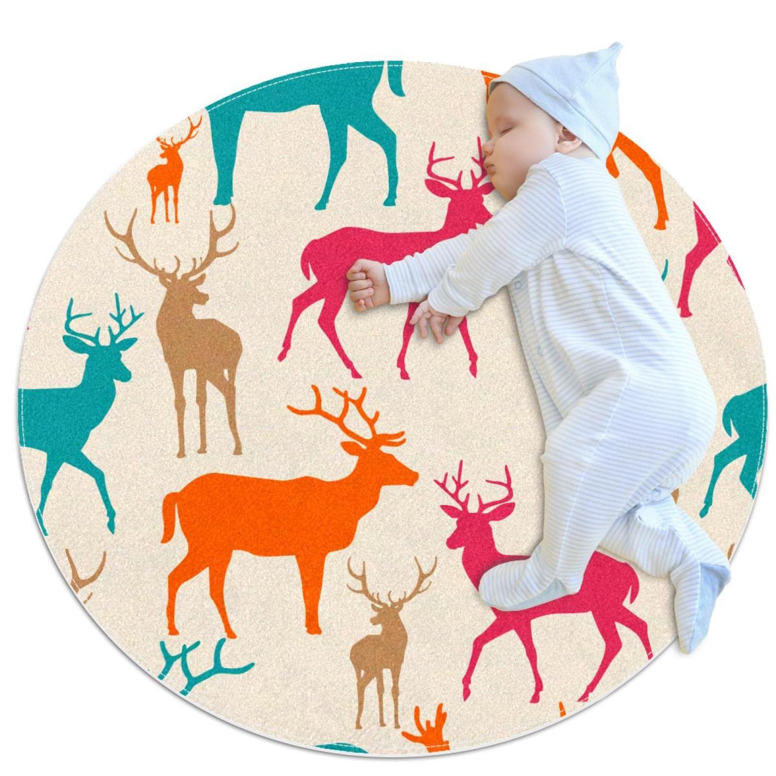 Tapis de salle de bain antidérapant rond 1m coloré motif forêt et cerf sécurisé