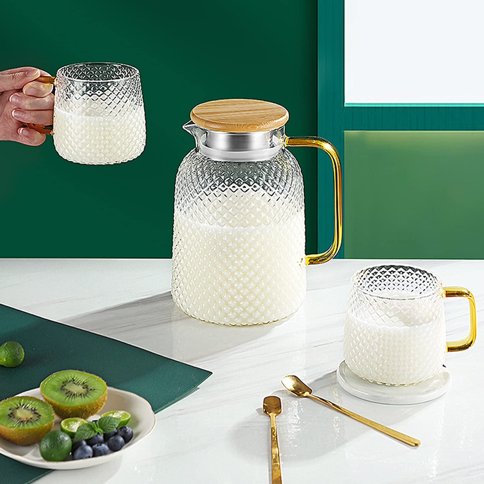 Pichet Pichet en Verre avec poignée et Couvercle, cruche à Eau Faite à la Main for Eau Chaude/Froide, thé de Citron de Glace et Boisson à jus de Fruits Pichets