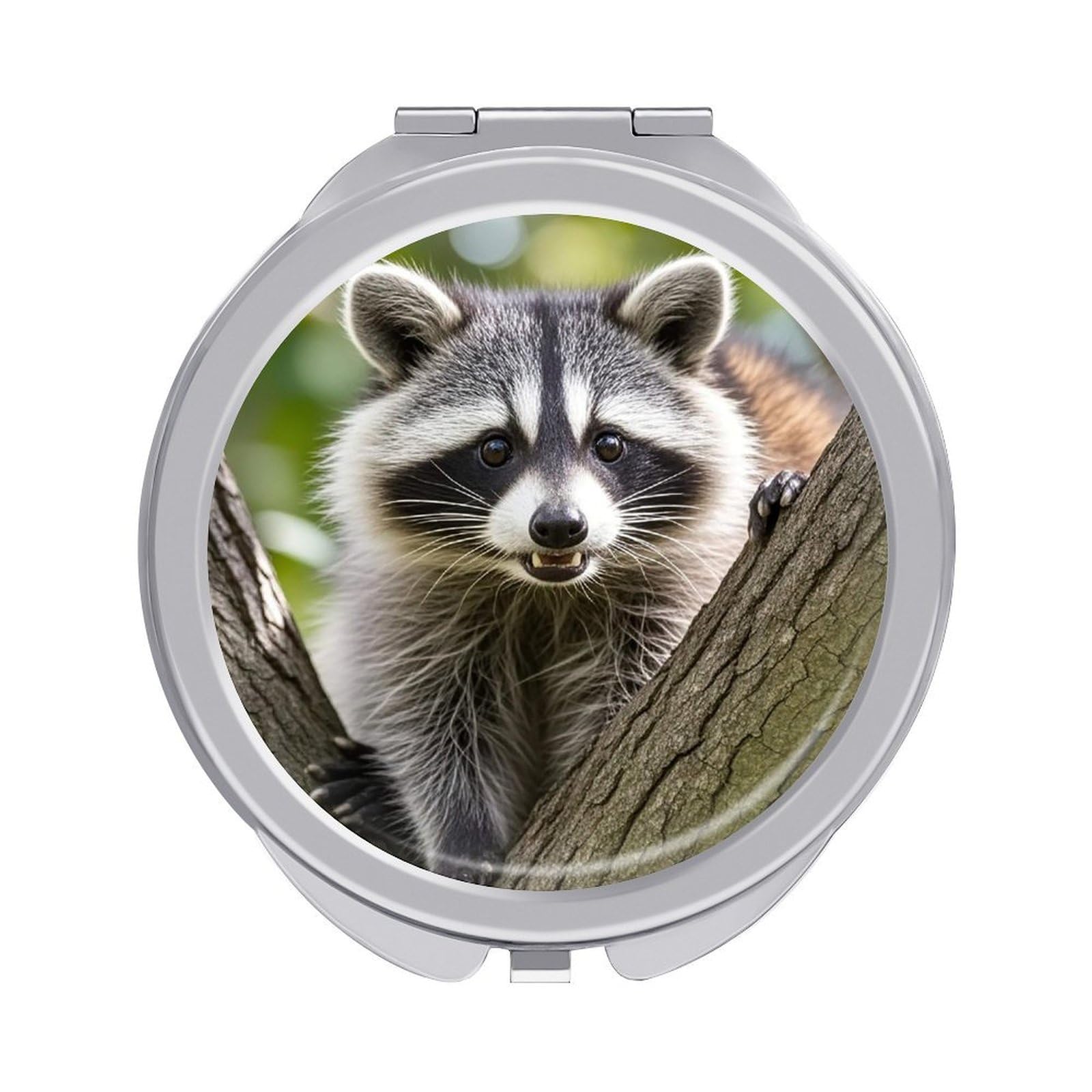 FekiLoot Raccoon Travel Makeup Mirror for Women Folding Portable Hand Compact Mirrors Small Round Vanity Mirror 1X/2X Magnifying Metal Pocket Makeup Mirrors