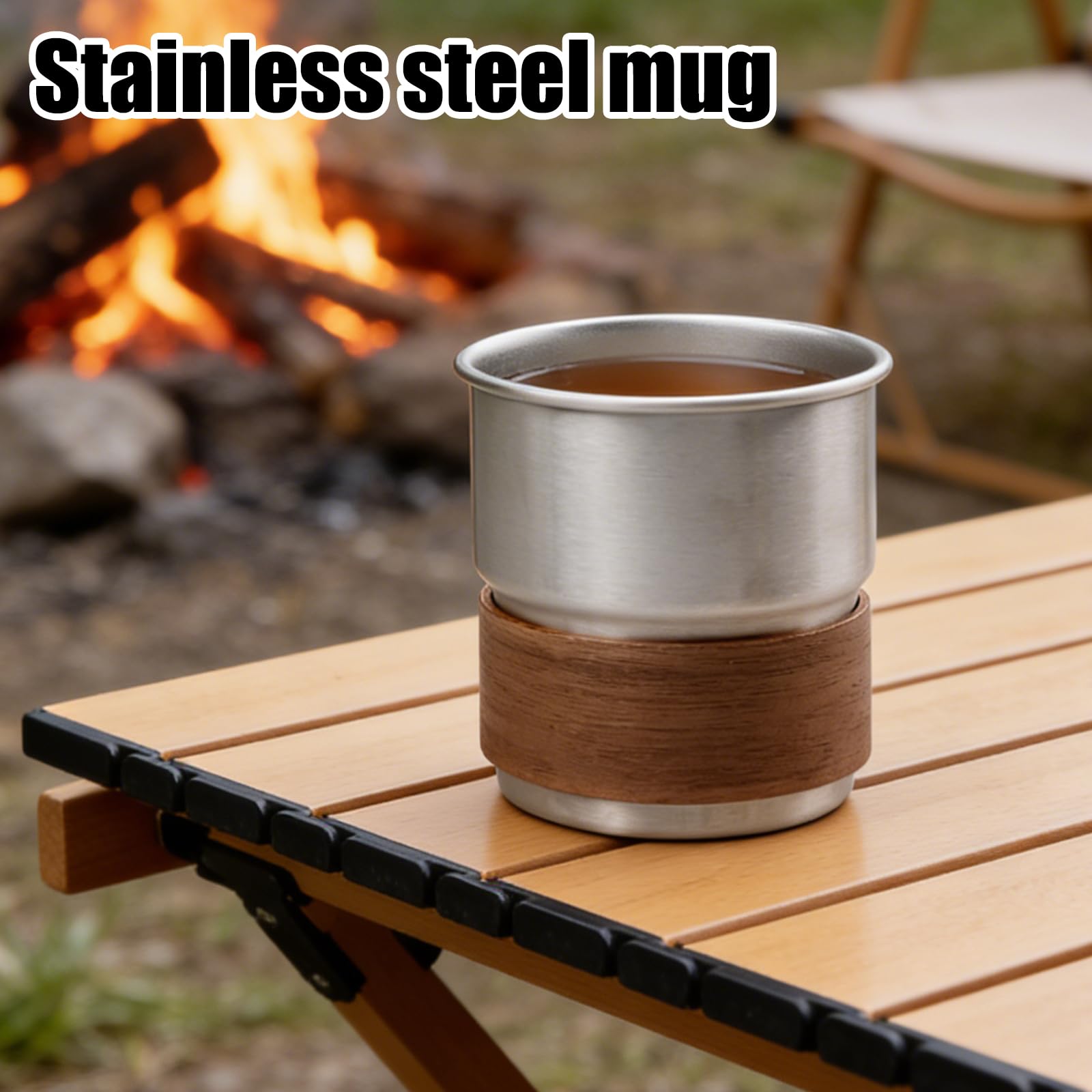 6 bicchieri in acciaio inox, 300 ml, a doppia parete, antiruggine, 304, in metallo, con manicotto in legno, impilabili, infrangibili, senza manico, per latte, caffè, vino, birra, cocktail