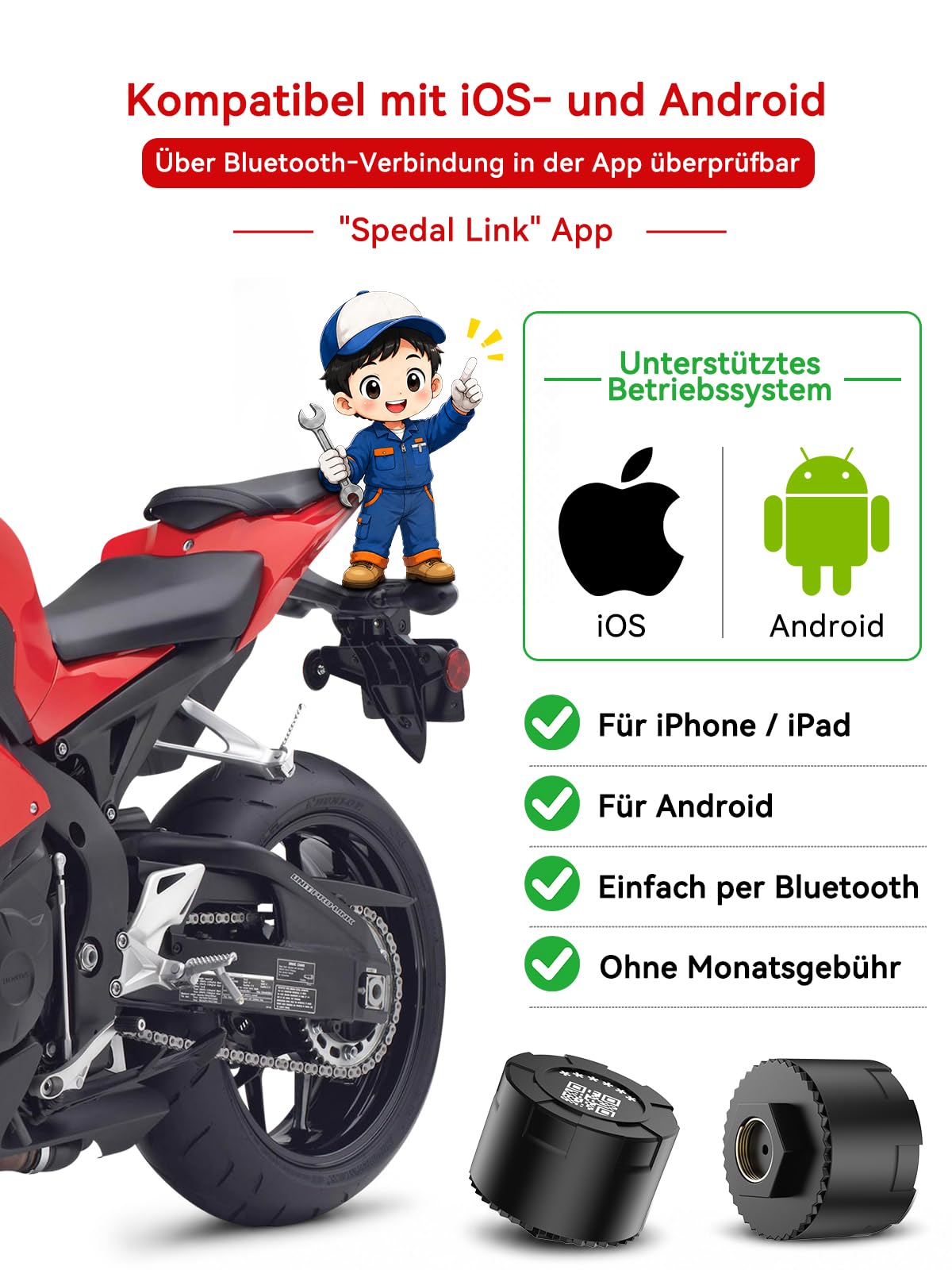 Spedal TPMS Reifendruckkontrollsystem für Motorrad, 2 Stück | Bluetooth Reifendrucksens mit App, Druck & Temperatur präzise, Wasserdicht, Echtzeit-Alarm, für iOS & Android