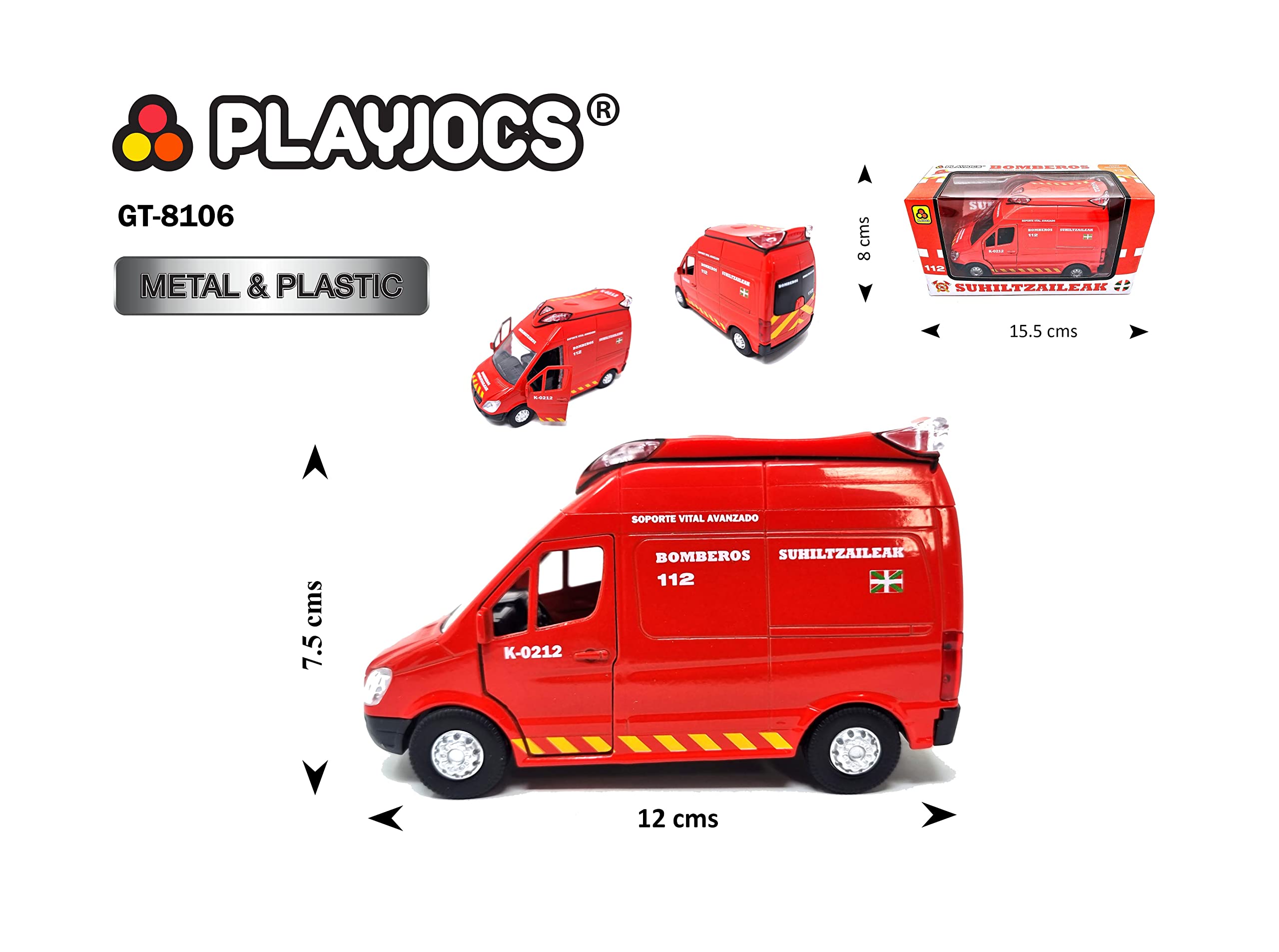 PLAYJOCS GT-8106 VEHÍCULO AMBULACIA SUHILTZAILEAK. Vehículo metálico, Juguete Ideal para niños y coleccionistas.