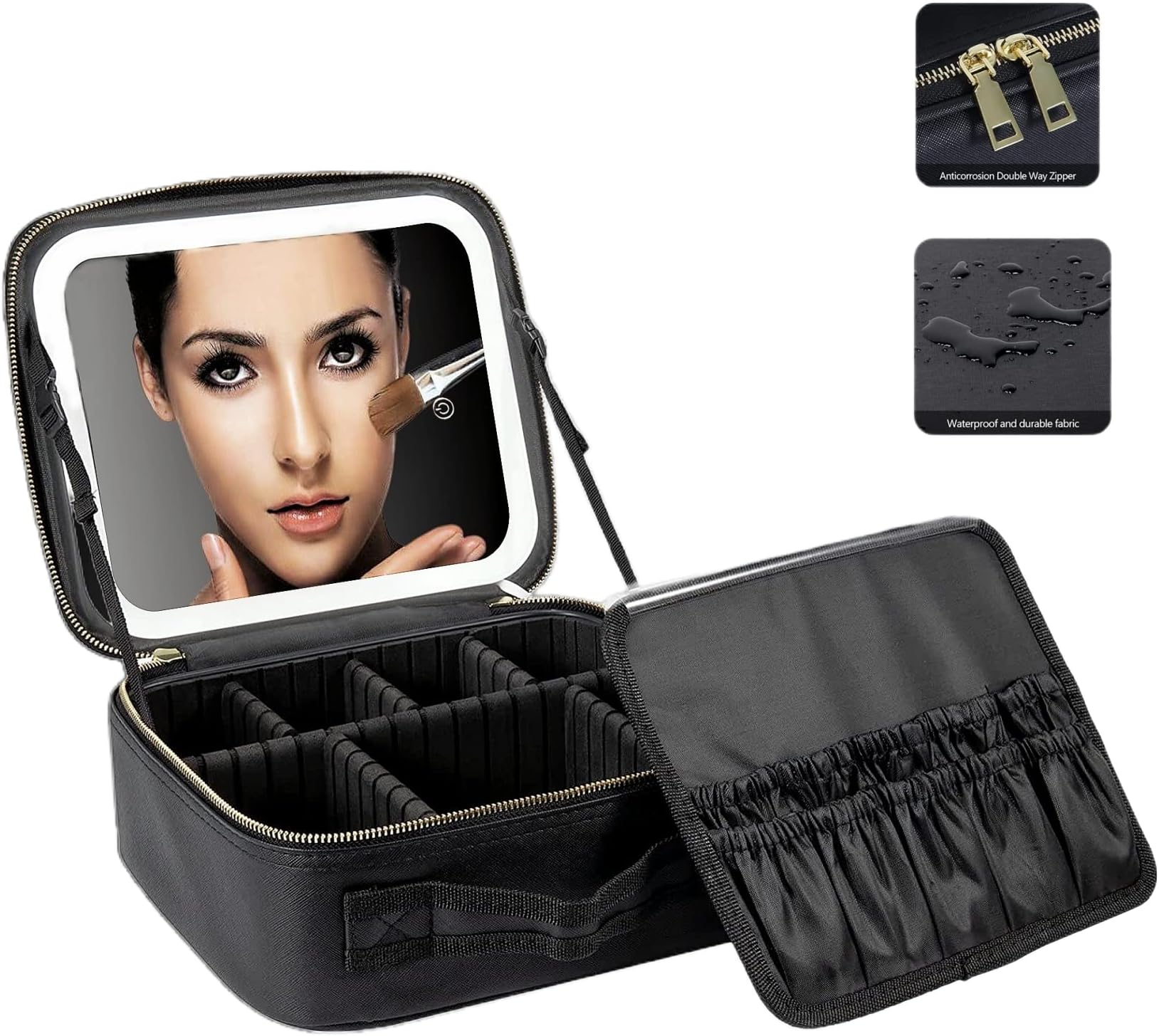 makeup bag with LED mirror, 3Adjustable Brightness mirror makeup bag with Dividers suitable for your Jewelry, Essential oil,Toiletries storage and makeup daily (AE-SQ-black), medium