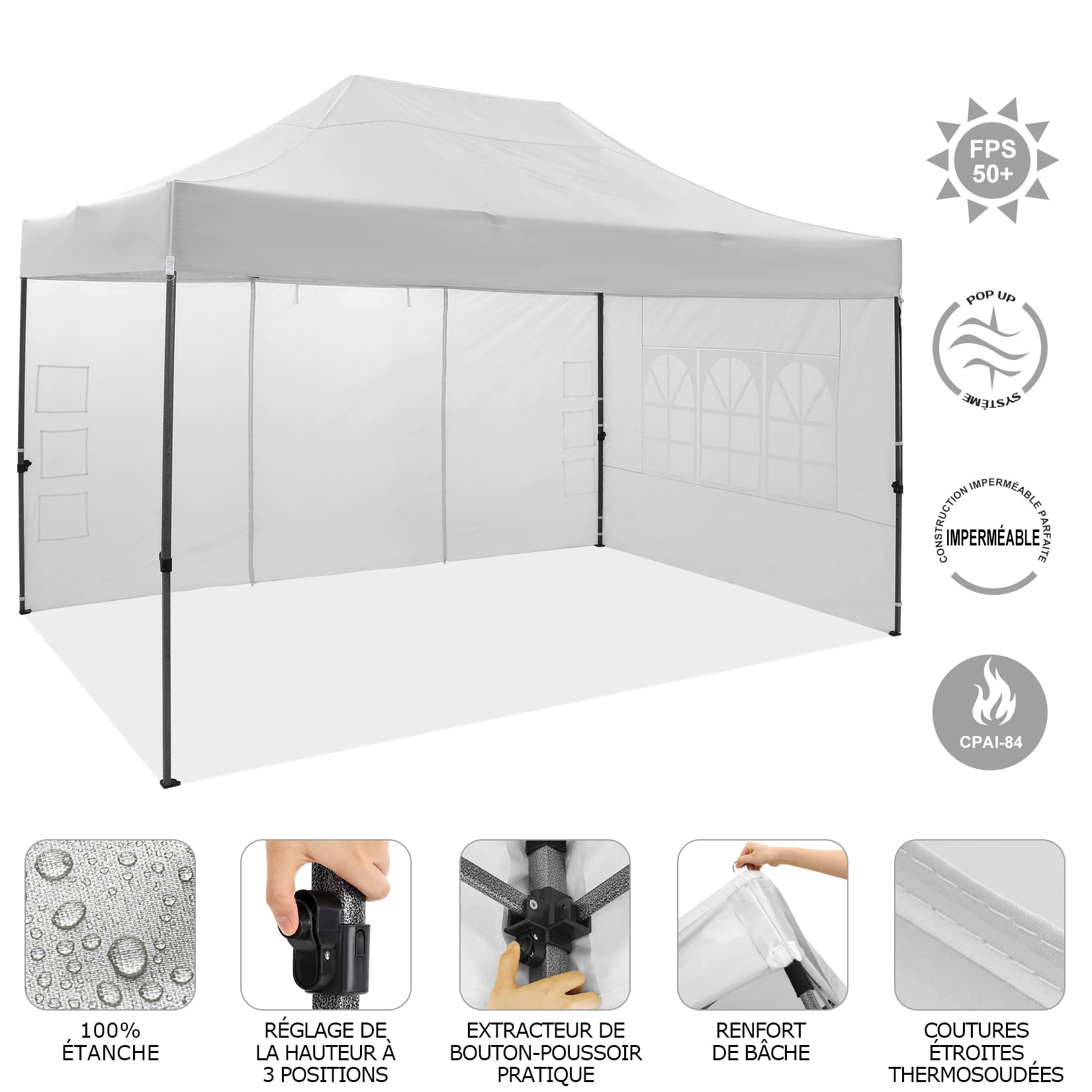 COBIZI Tonnelle Pliante 3x4,5 Imperméable,Barnum Pliant(Blanc avec Parois) | Tonnelle de Jardin Exterieur avec Parois Latérales,Tonnelle Pop Up,Anti UV Tente pour Plage Terrasse Camping,Tente sac Inclus