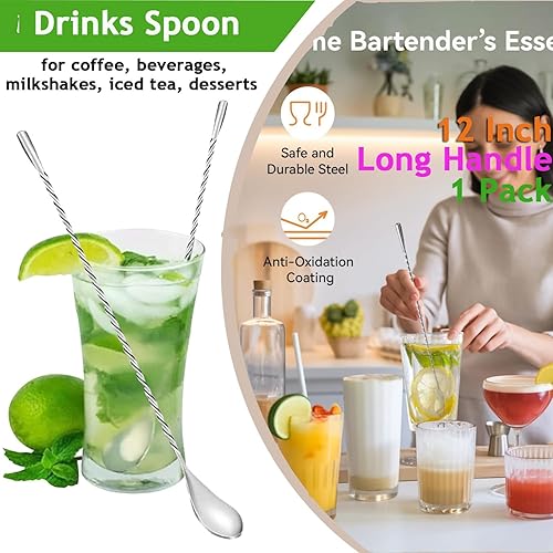 Miniatura 7 de AKOAK Cuchara coctelera de acero inoxidable de 12 pulgadas, cuchara para mezclar café, patrón en espiral con mango largo mezclador de bebidas casero