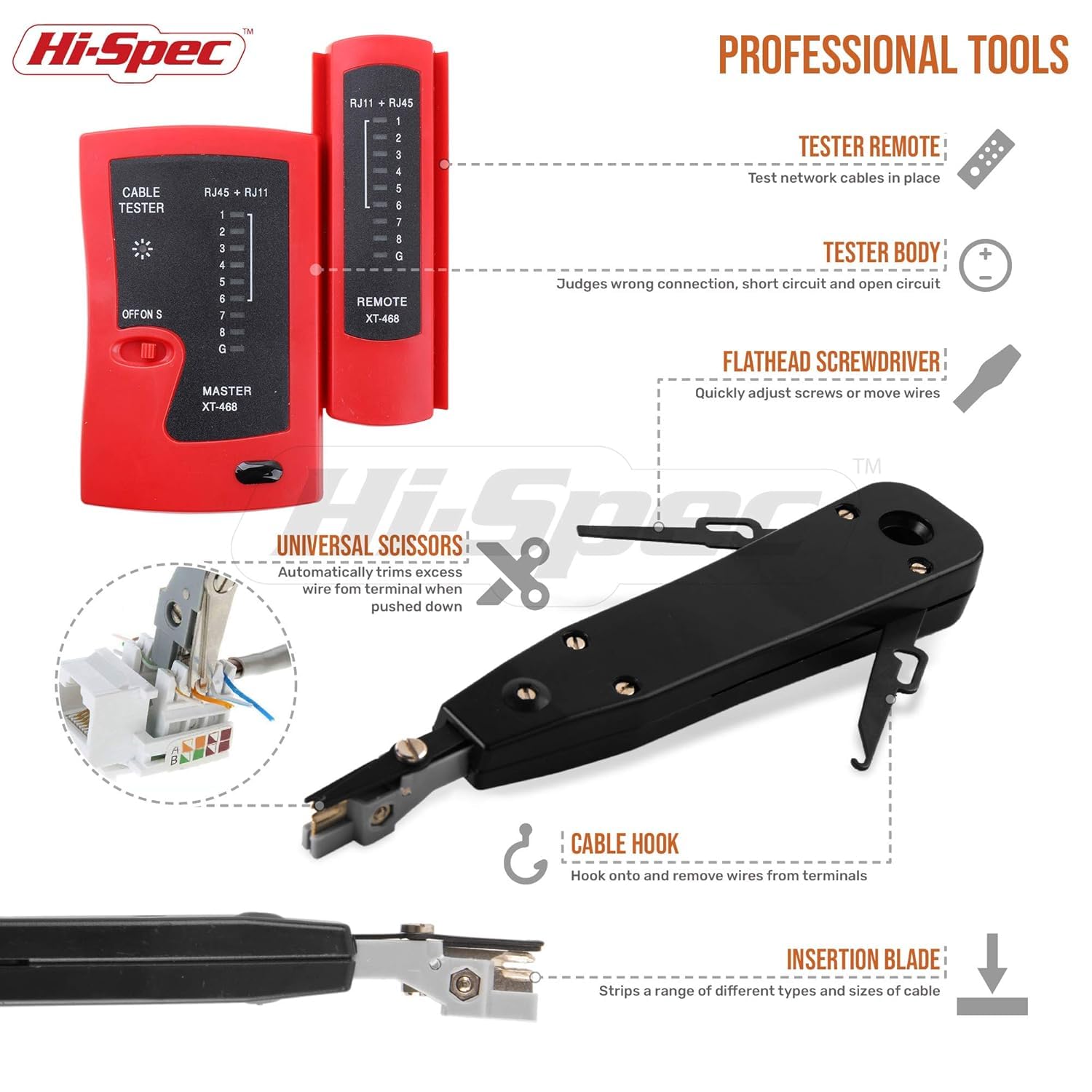 Bequest Hi-Spec 9pc Network Cable Tester Tool Kit Set for CAT5, CAT6, RJ11, RJ45. Ethernet LAN Crimper, Punchdown, Coax Stripper & More. 1