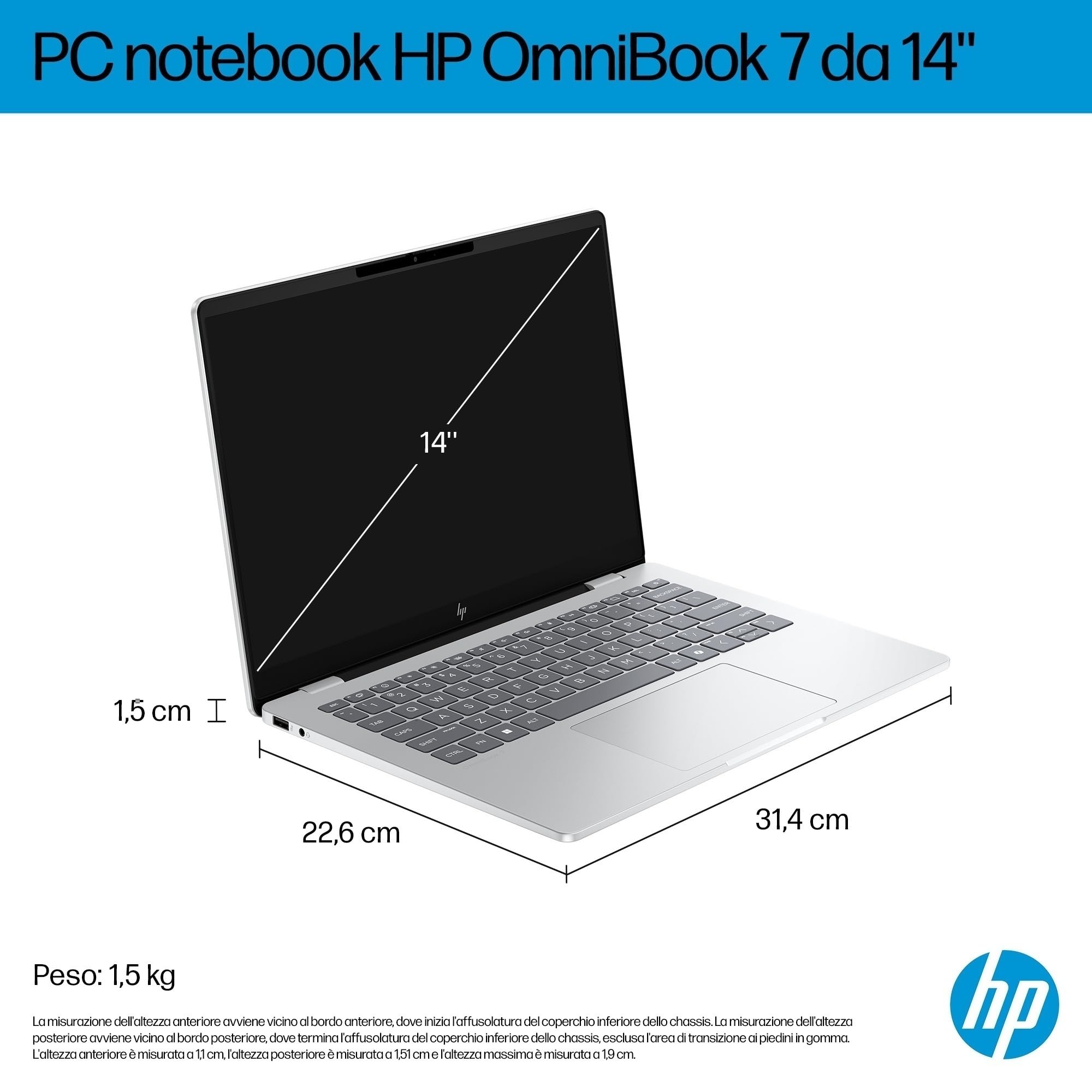 HP OmniBook 7 AI 14-fr0001sl, Notebook, Intel Core Ultra 5-225U, 16GB RAM, 512GB SSD, Display 14” OLED 2K 300 Nits, AI PC, 5MP IR Privacy Cam TNR, Windows 11, Argento