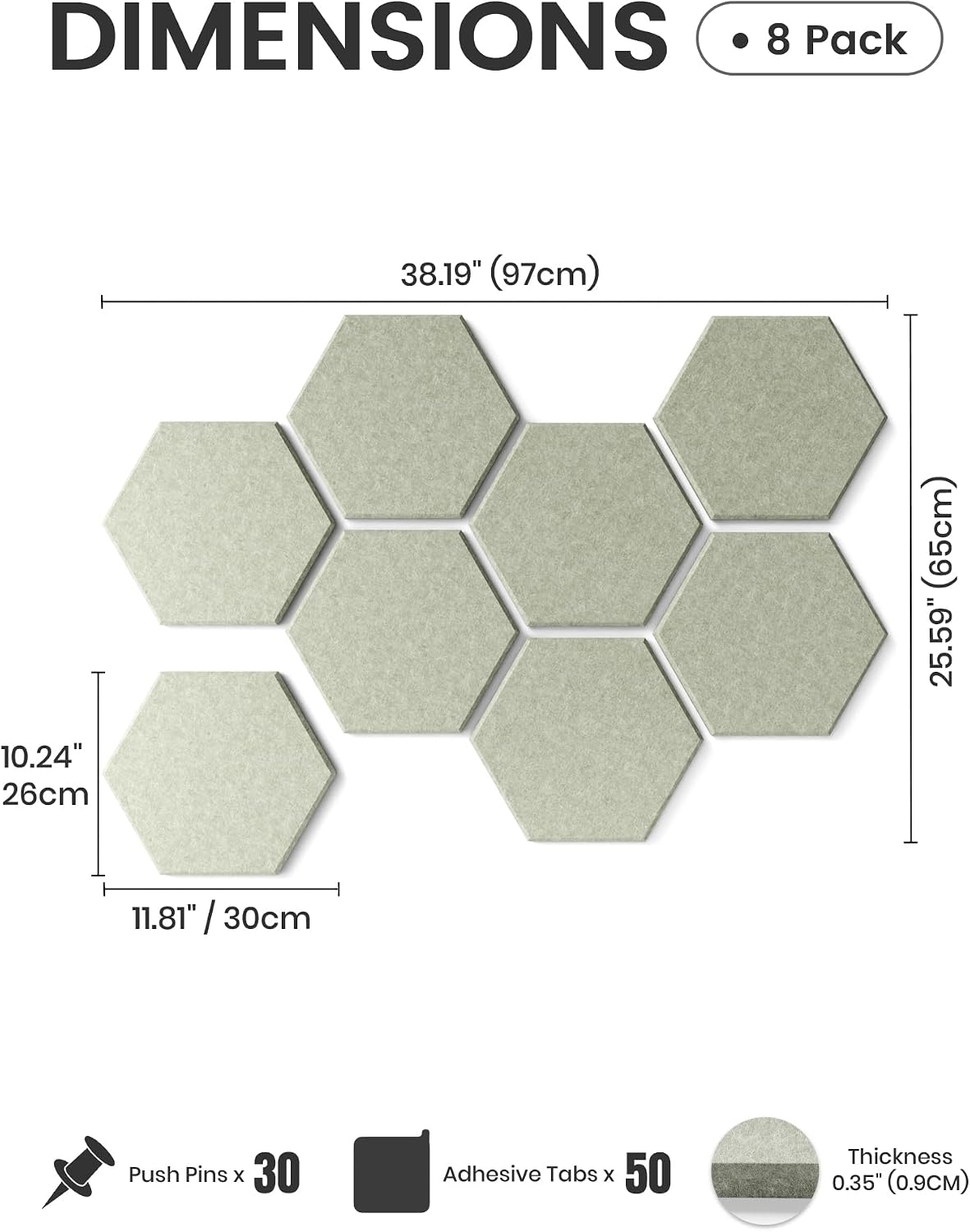 Fluxynara Hexagon Cork Board Alternative for Walls Decor-8-Pack Felt Bulletin Board Tiles,with 30 Pushpins,50 Adhesive Tabs for Office,Classrooms & Home Pin Board Felt Board-Sage
