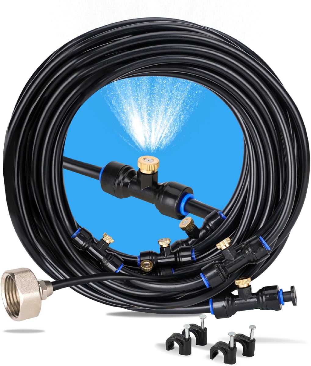 Misting System, 26 FT, 7 Brass Mist Nozzles, 3/4" Brass Adapter, Misters for Outside Patio, Misting System for Patio, Garden, Greenhouse, Trampoline, Porch