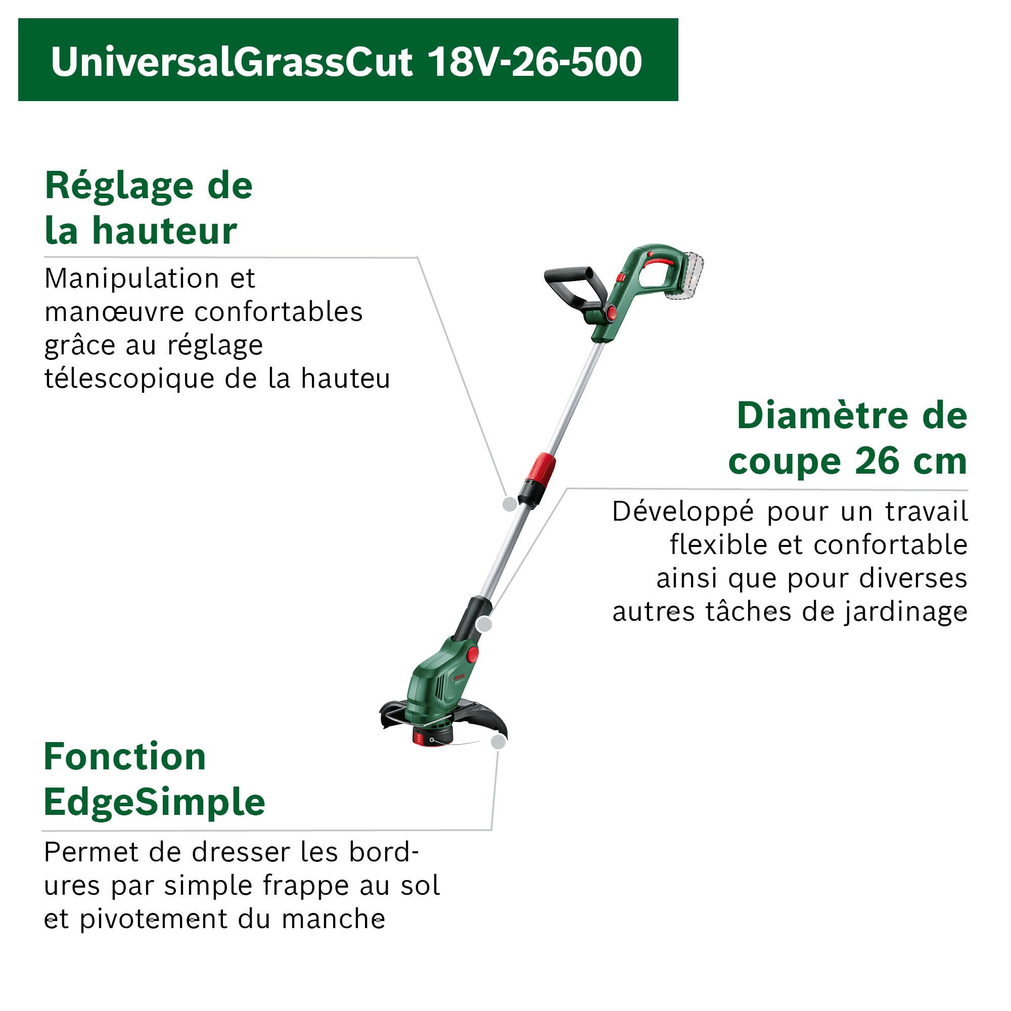 Bosch Sans fil Coupe-bordures UniversalGrassCut 18V-26-500 (pour la tonte de l'herbe et la taille des bordures ; temps de charge : 65 min ; diamètre de coupe : 26 cm ; système 18V ; sans batterie)