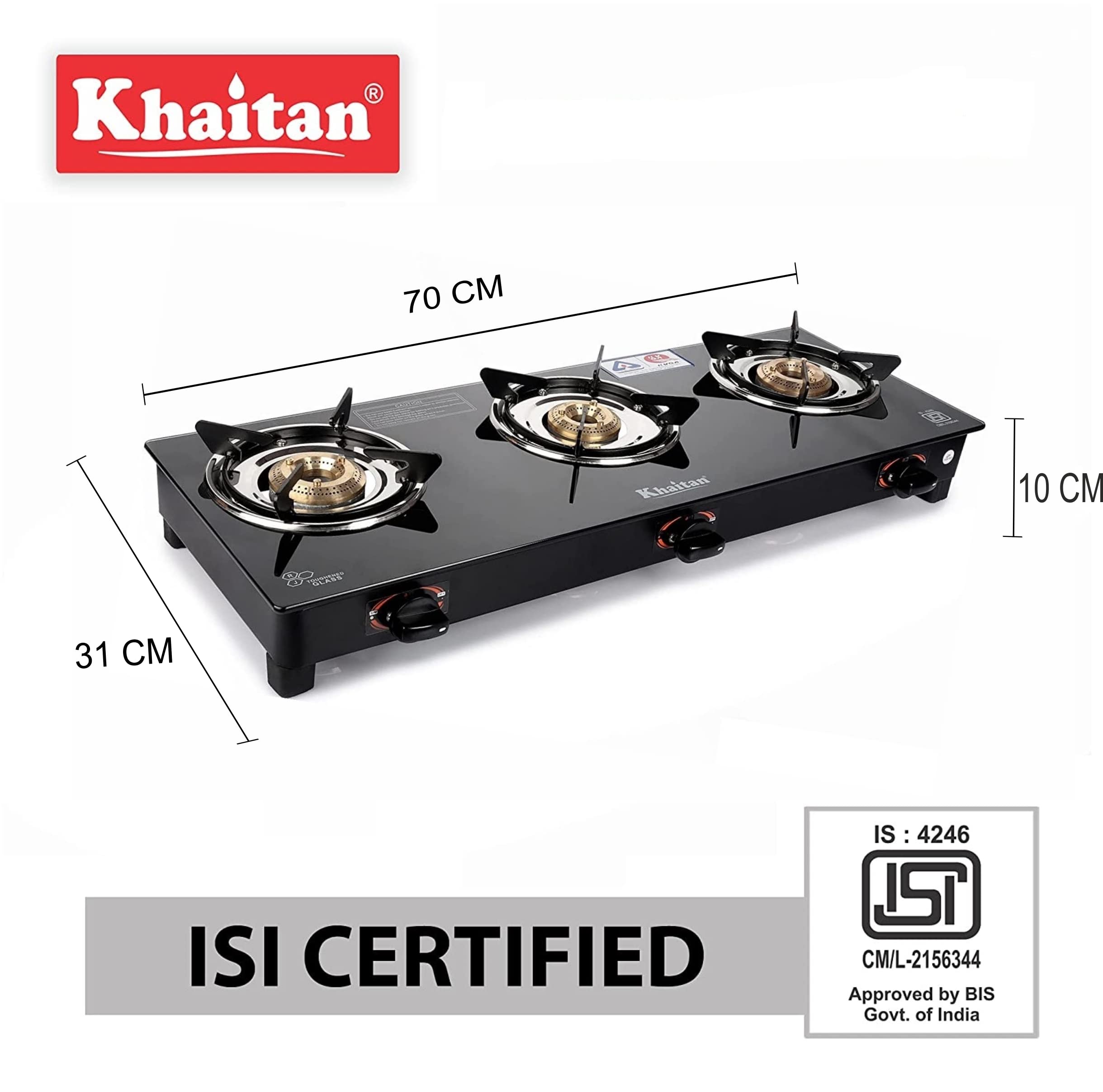 Buy Khaitan 3 Burner BPJIO Black Toughened Glass Top, manual Ignition