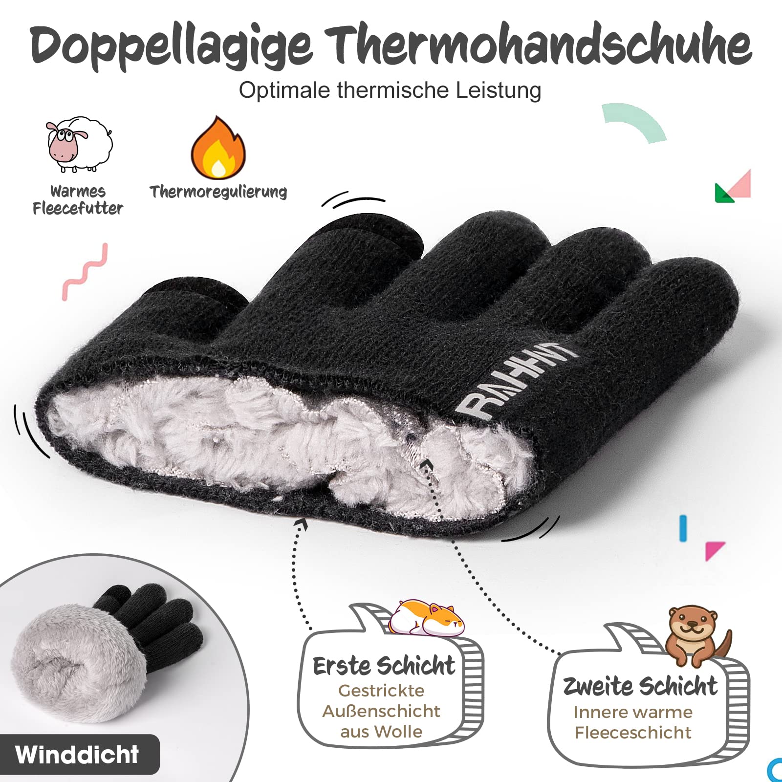 Rahhint Unisex Kinder Handschuhe Winter für Jungen Mädchen Thermohandschuhe Touchscreen Winterhandschuhe Warme Wollstrickhandschuhe mit Fleecefutter 3-15 Jahre