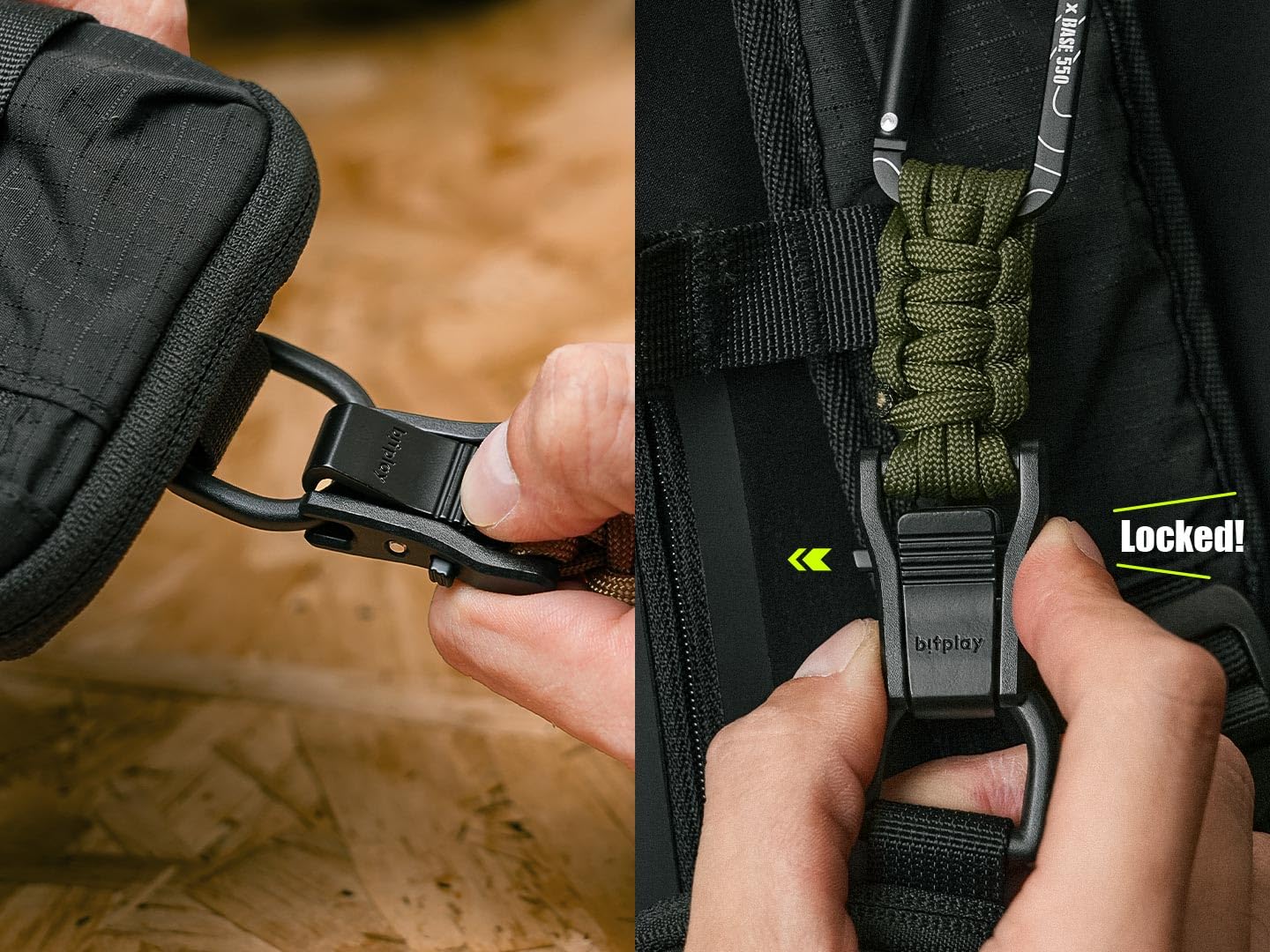 Bitplay Base550 - Mosquetón paracord de liberación rápida para aventuras al aire libre, camping, senderismo, gimnasio, hamacas, llaveros y otros artículos utilitarios