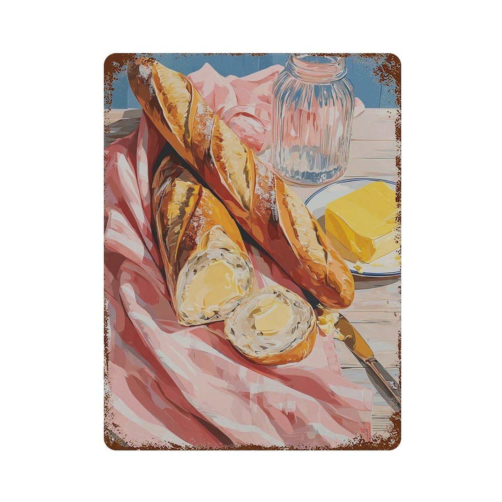 xiaoxiaoshen Baguette And Butter Kitchen French Bread Still Life Rustic Breakfast Wall Decor Art Metal Tin Poster Modern Home Decor Art Home Bar Shop Decorations Vintage Sign 40x30cm