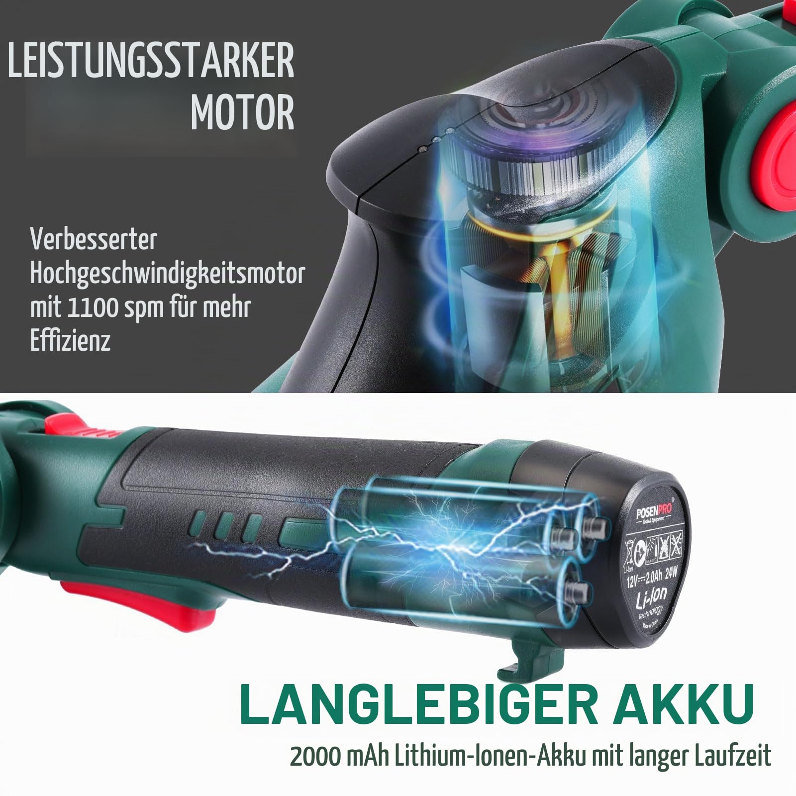 POSENPRO Akku-Gras- und Strauchschere 2-in-1, 12V Handliche Gartenschere für Hecken und Rasen, 2000mAh Strauchschere Elektrisch mit 2 Messern, Schnittbreite 10cm, Schnittlänge 18cm für Garten und Höfe