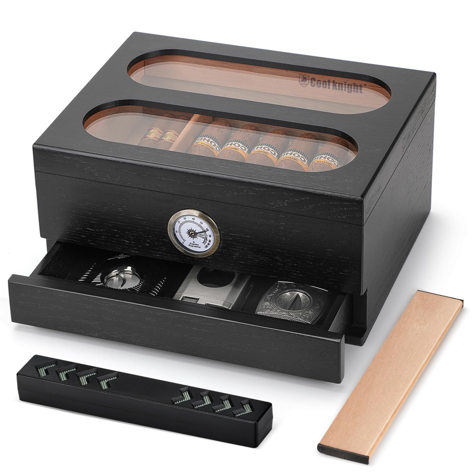 COOL KNIGHT Cigar Humidor with Front Hygrometer, Humidifier and Accessory Drawers-Tempered Glass Top Cigar Humidor Box - Spanish Cedar Humidor-Desktop Humidor That can Hold 20-35 Cigars.(Black)