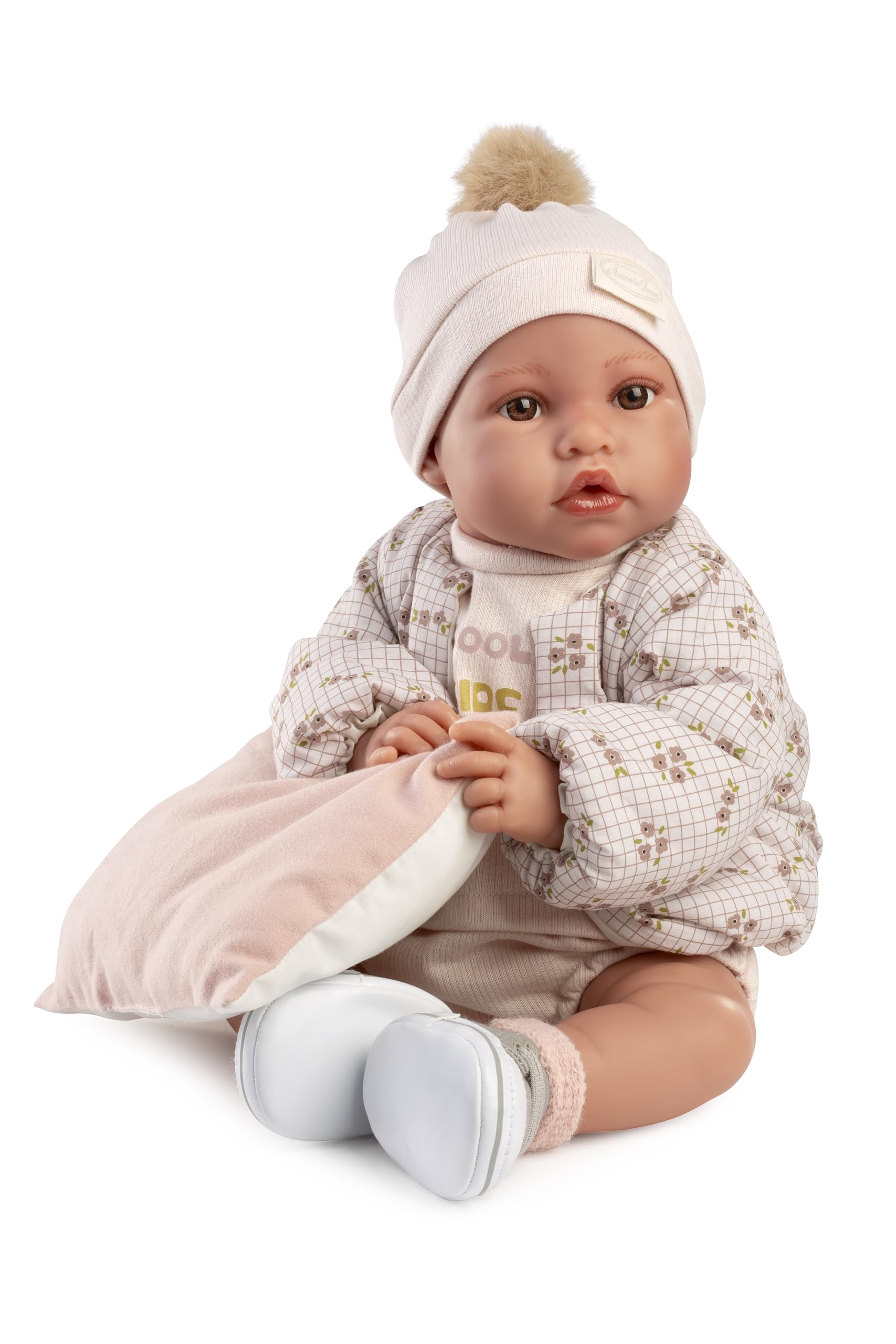 Muñecas Antonio Juan Recién Nacida Erika Bomber, 42 cm, Cuerpo Blandito con Tacto Suave, Incluye Chupete con Cadena y Manta, Vestido Completo con Gorro Pompón