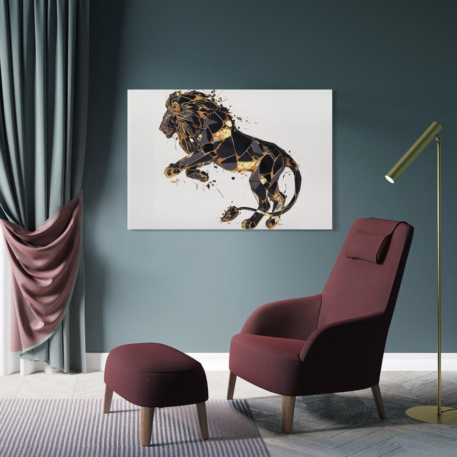 Junmoney Geometric Black And Gold Lion Decorative Wall Artwork, 08x12inch(20x30cm), for Study, Office Or Focused Interiors, A Smart Decor Choice for Study Walls