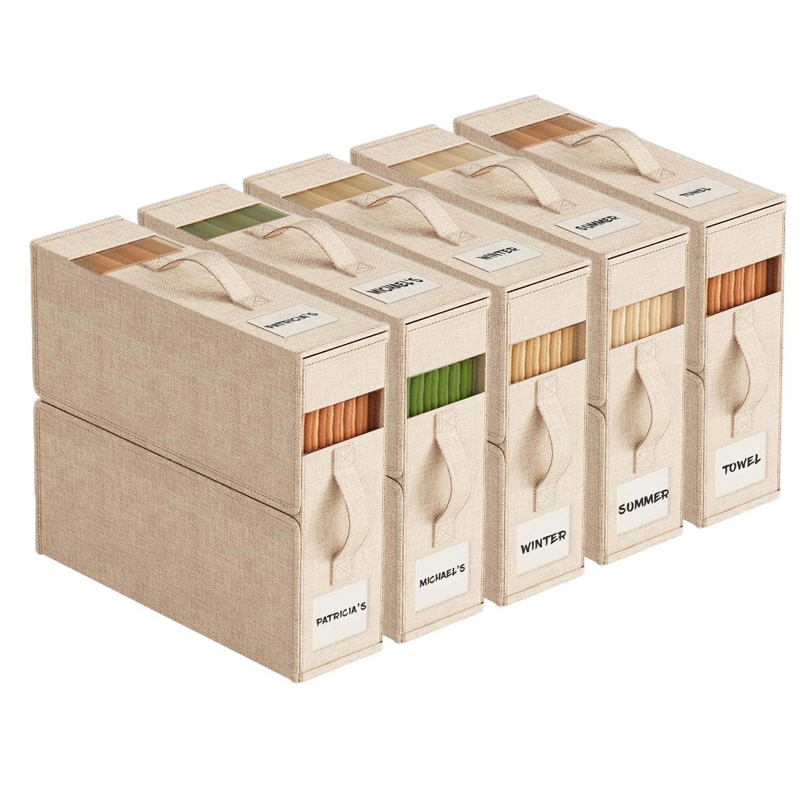 5pack sheet organizers and storage with handles – foldable linen closet storage for king & queen sheet sets – clear window & removable labels – dustproof & space-saving design, beige