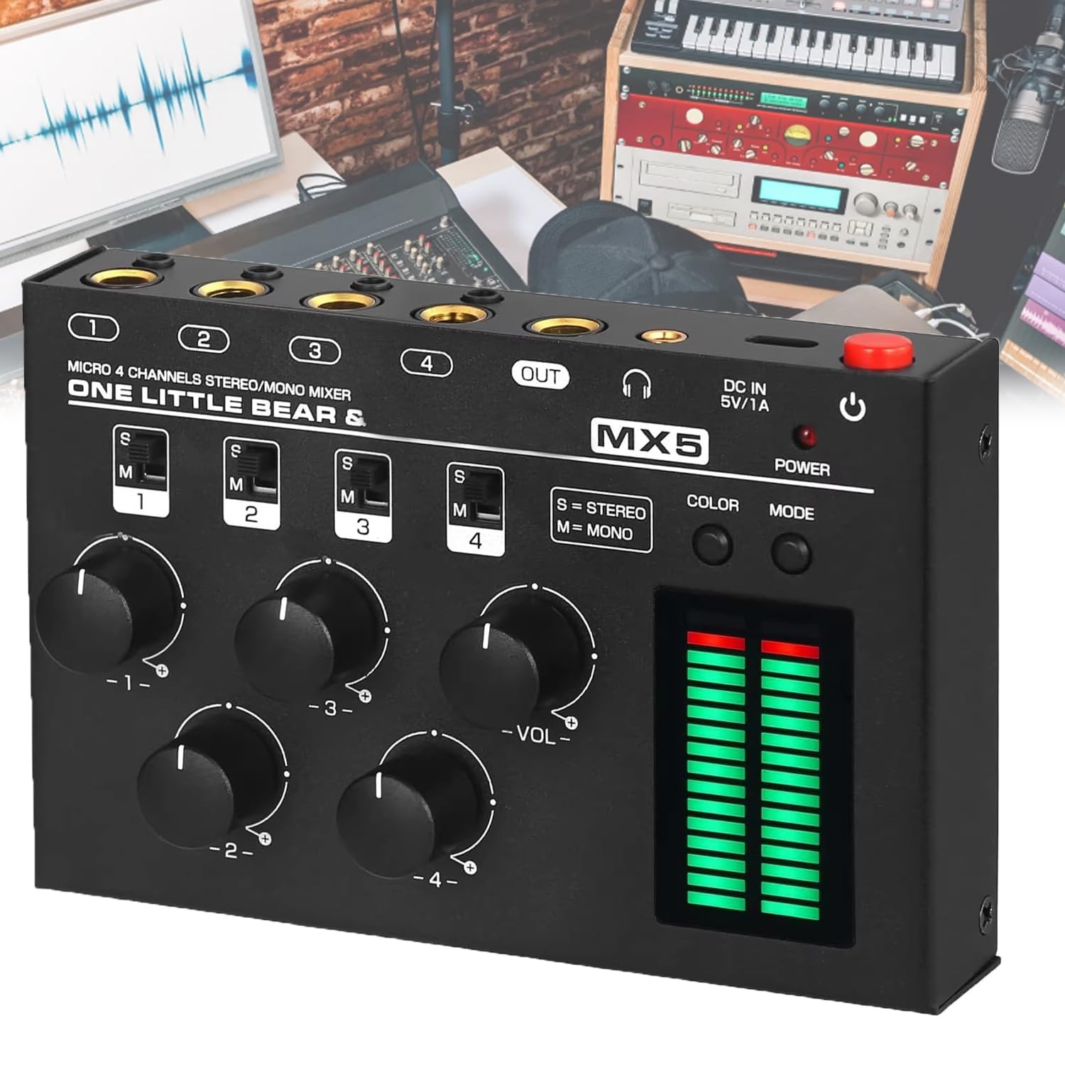 Mezclador de audio de 4 canales con medidor de nivel LED integrado, ganancia ajustable, conector de auriculares de 3.5 mm, diseño de bajo ruido para clubes y bares pequeños