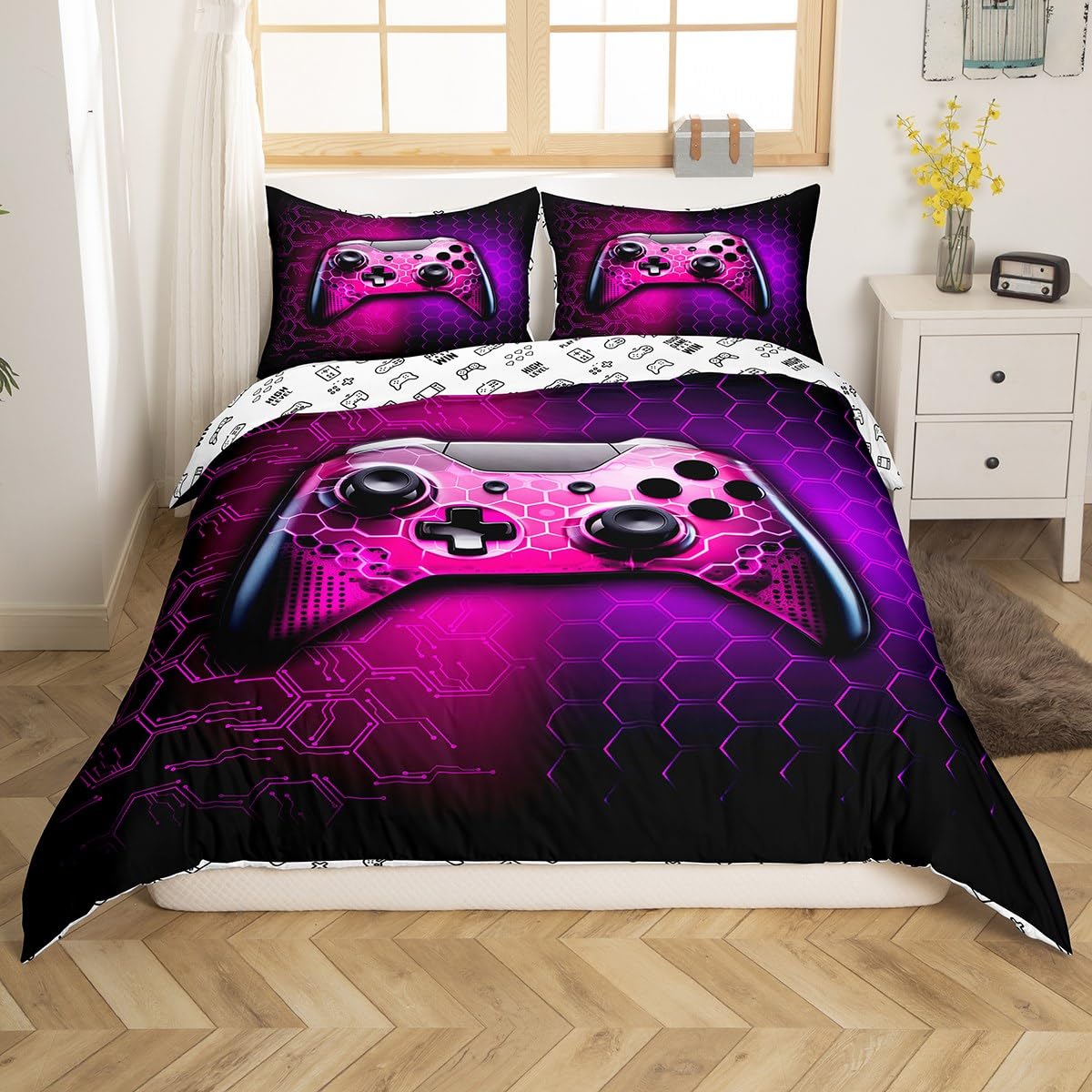 Gamer Bedding Set,Pink Neon Comforter Cover Set for Teens Women Room Decor,Cool Gamepad Duvet Cover Breathable Reversible Games Bedspread Cover Double Size - Image 3