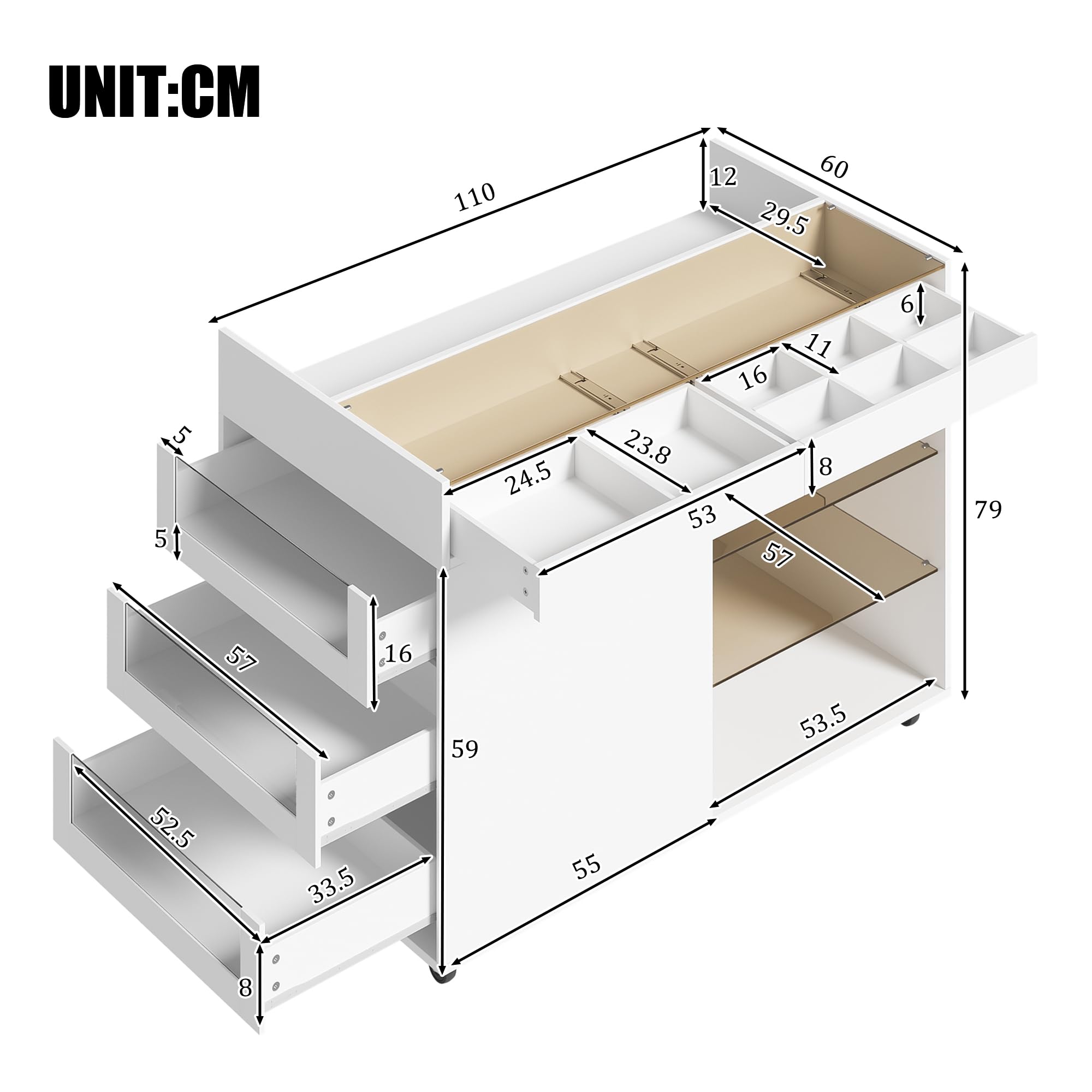 Aparador blanco, aparador para salón, armario de cocina, armario de bufé, con 5 cajones, compartimentos, equipado con ruedas, para salón, comedor, 110 × 60 × 79 cm