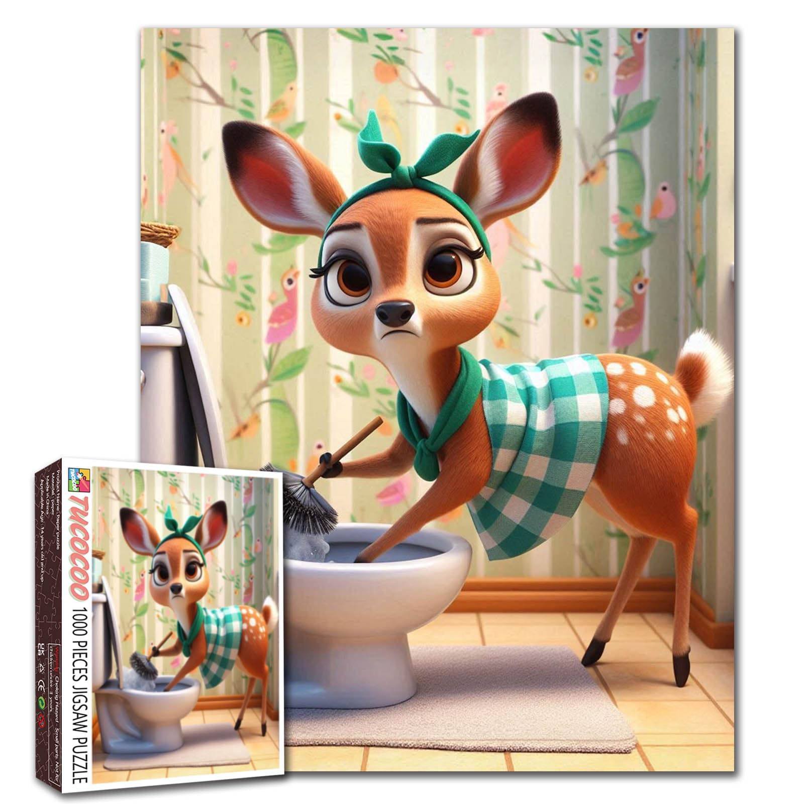 Cute Deer Bathroom Cleaning Jigsaw Puzzle 1000 Pieces Charming Fawn Cartoon Art Puzzle for Adults Adorable Animal Washing Toilet Puzzles Stress Relief Relaxing Activity Game Home Wall Decor Gift โ image 1