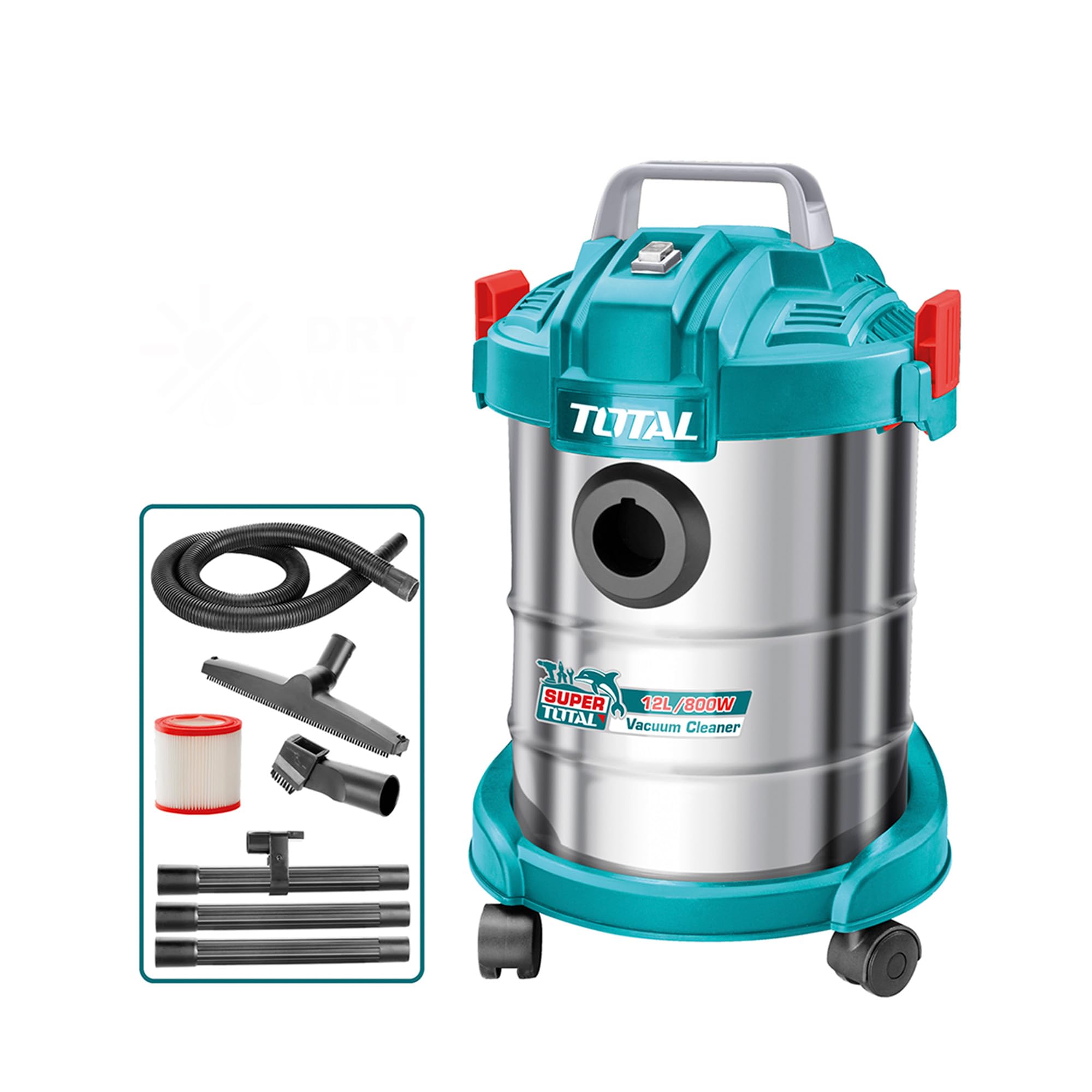 Total - Aspirador | Limpieza Profunda en Seco y Húmedo | Alta Potencia: 800W | Compacto y Fácil de Manejar | Capacidad de 12L | Incluye Tubo Desmontable y 2 Cabezales | 31 x 31 x 43