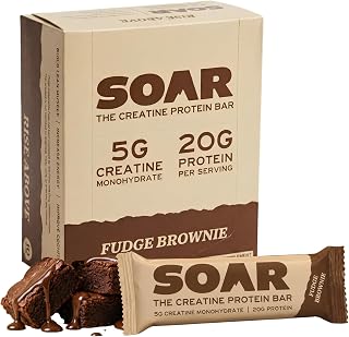 SOAR Creatine Protein Bars, Fudge Brownie, 5g Creatine & 20g Protein, 10pk | Gluten Free, 1g Sugar, 7g Fiber, High Protein, High Fiber, Low Sugar Snack Bar for Workout Recovery, Muscle Support, 10 Bars