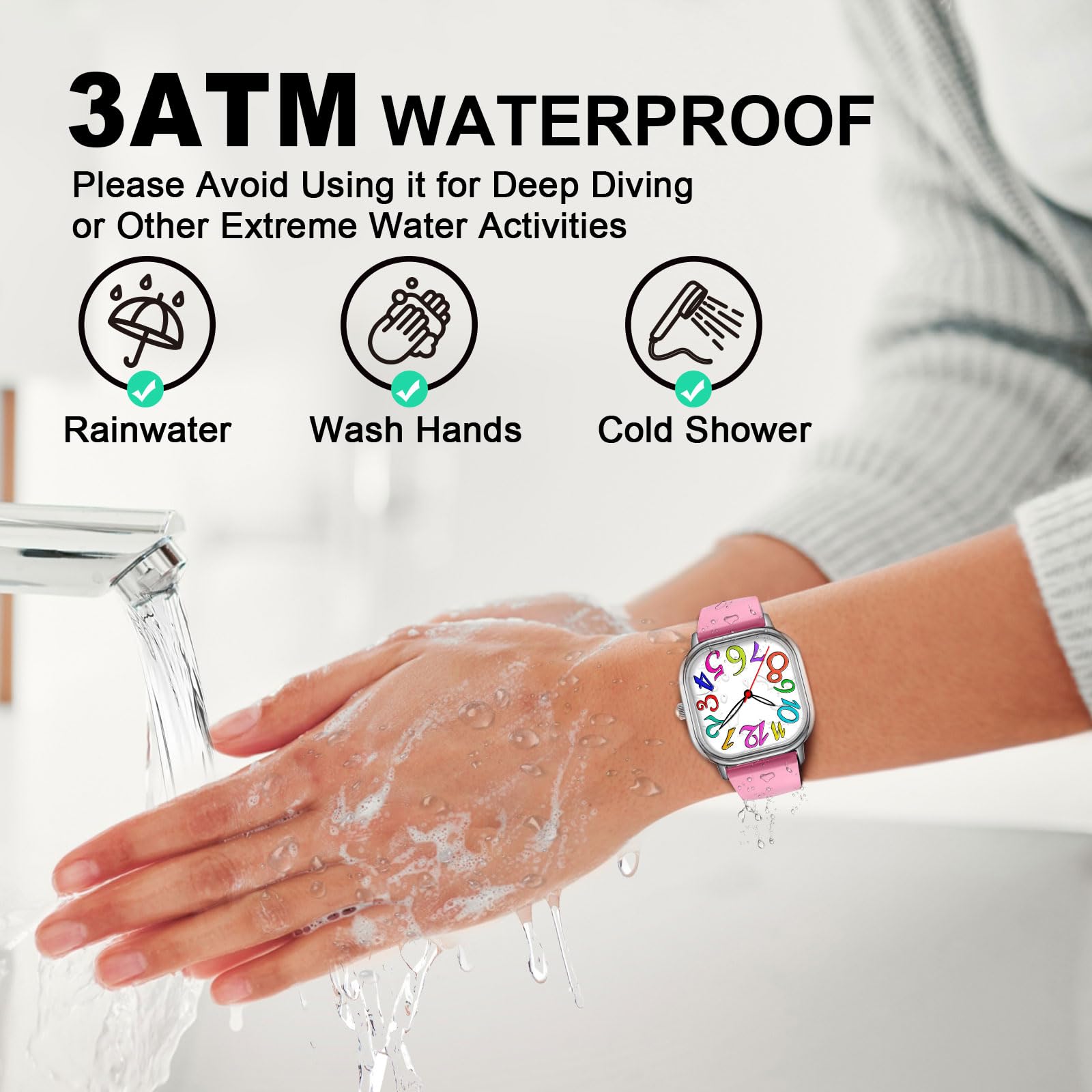 Asan Ge Reloj analógico para mujer con esfera cuadrada con números grandes coloridos y manecillas luminosas, correa de silicona rosa, resistente al agua hasta 3 ATM