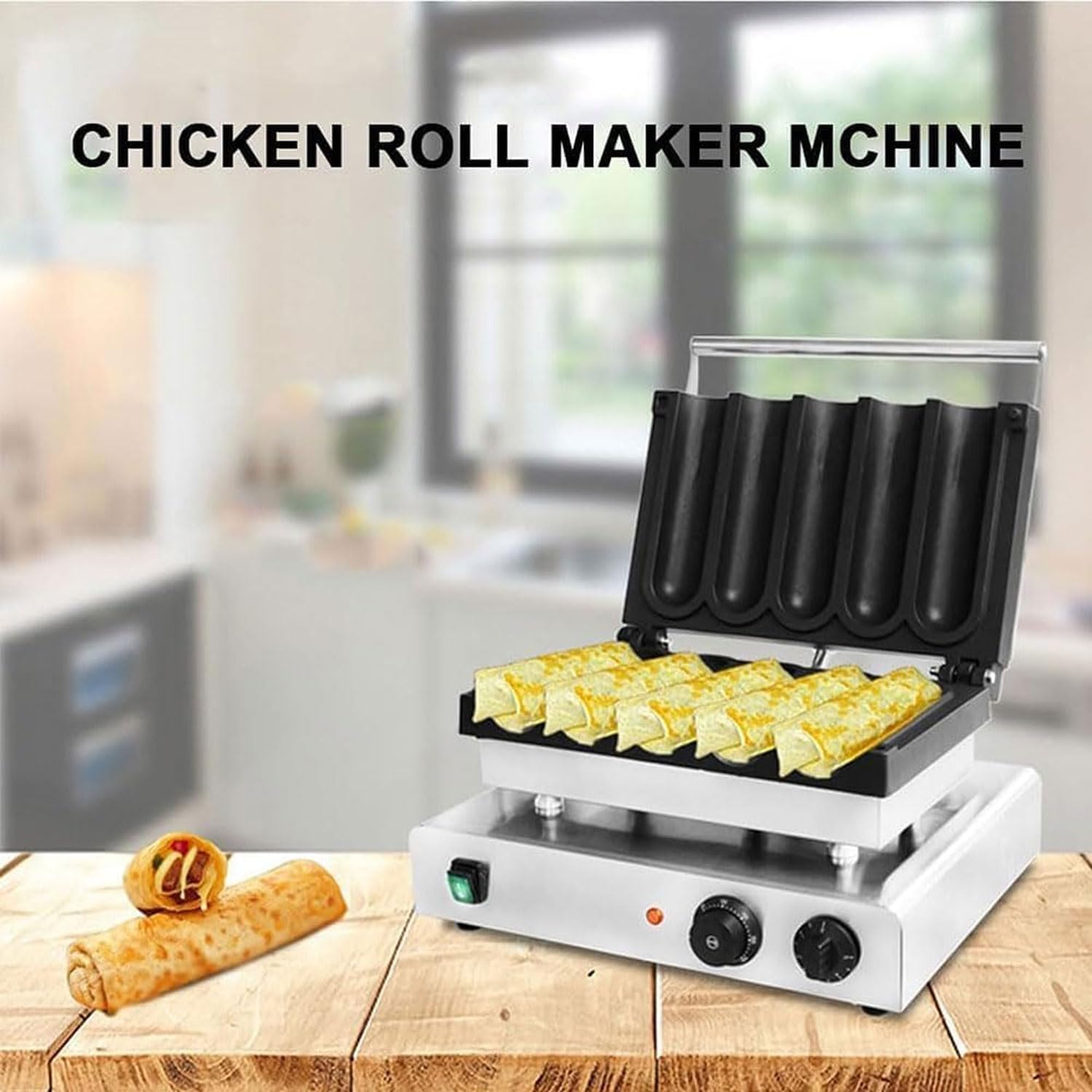 Commercial Chicken Roll Maker, 3000W 5-Slot Stainless Steel Pancake Maker with Non-Stick Coating, 50-300℃, 0-5min Timer, Double-Sided Constant Temperature Egg Roll Machine,