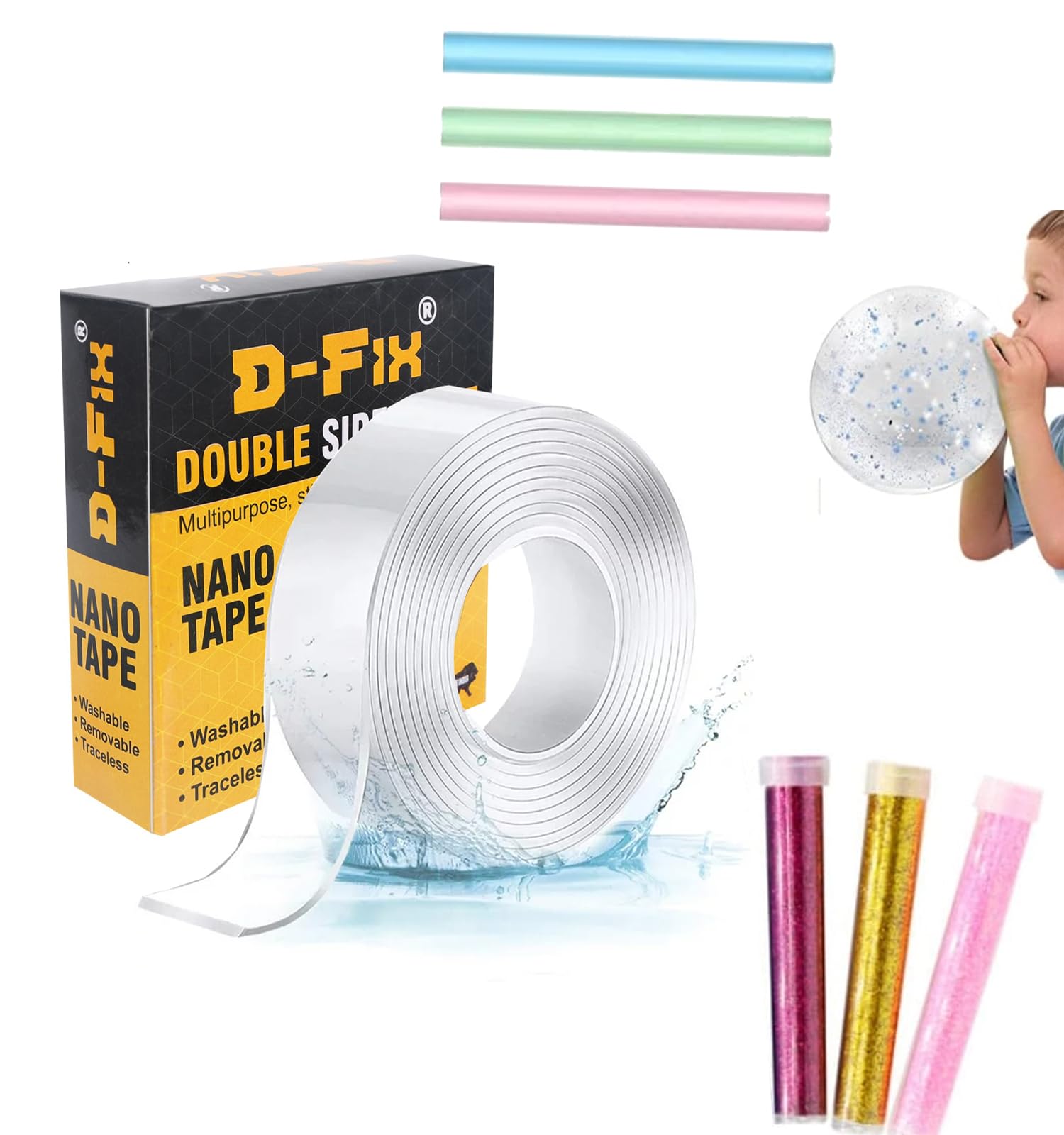 D-fix Nano Tape With 3 Glitter Flakes 3 Stars Straw For Balloon Double Sided Ivy Grip Tape For Walls Washable Reusable Strong Sticky Strips Multicolor Moon & Heart Art And Craft Diy Kit (NANO-DIY-KIT)