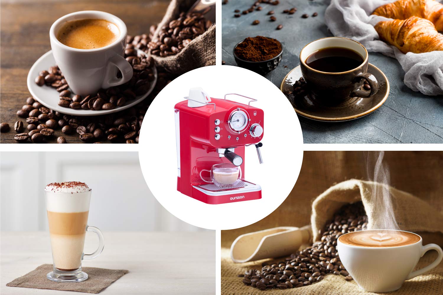 Oursson Macchina da Caffè Espresso Manuale, Cappuccino, Latte, Moka, 15 Bar, 1.25 litri, Rosso