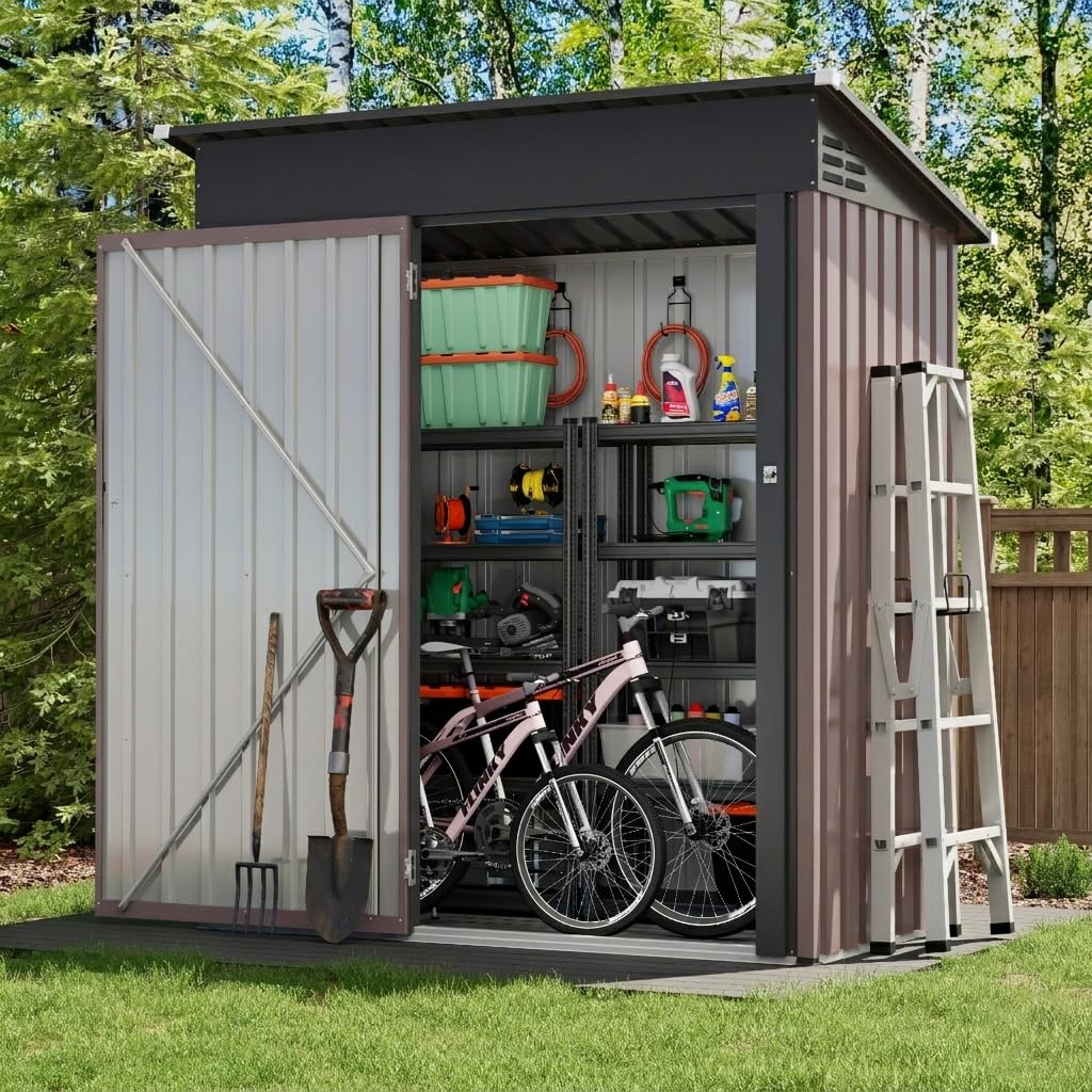 UDPATIO Abri de Jardin Métal 164x101x181 cm Cabane Extérieur Toit Incliné Serrure Rangement Outils Vélo Marron