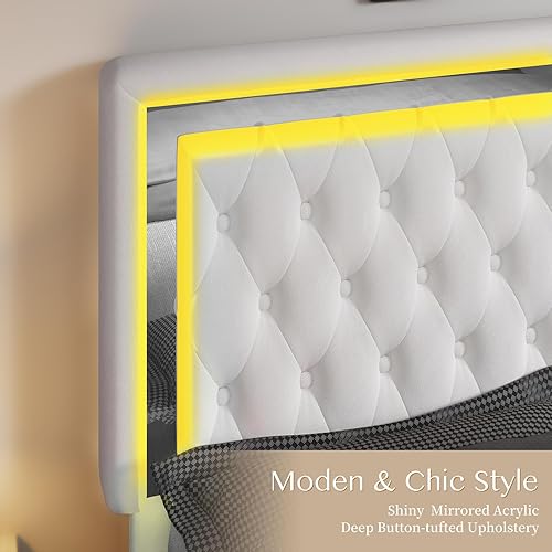 Miniatura 6 de Jocisland Base de cama matrimonial con cabecero y estribo de luces LED, tapizado de terciopelo, plataforma de tamaño matrimonial, no necesita