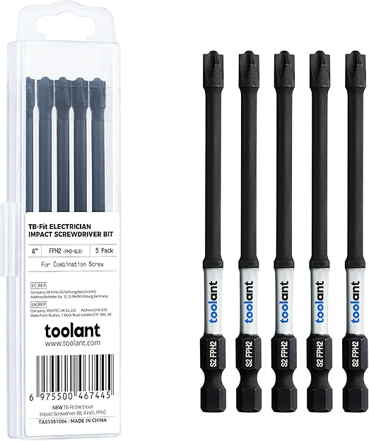 toolant TB-Fit Electrician Impact Screwdriver Bit Set, 5pcs FPH2 (PH2-SL6) 4 Inch Long Electrician Screwdriver Bit, 1/4” Hex-Shank S2 Steel Hex Bits Set, CNC Machined Tips with Magnetism