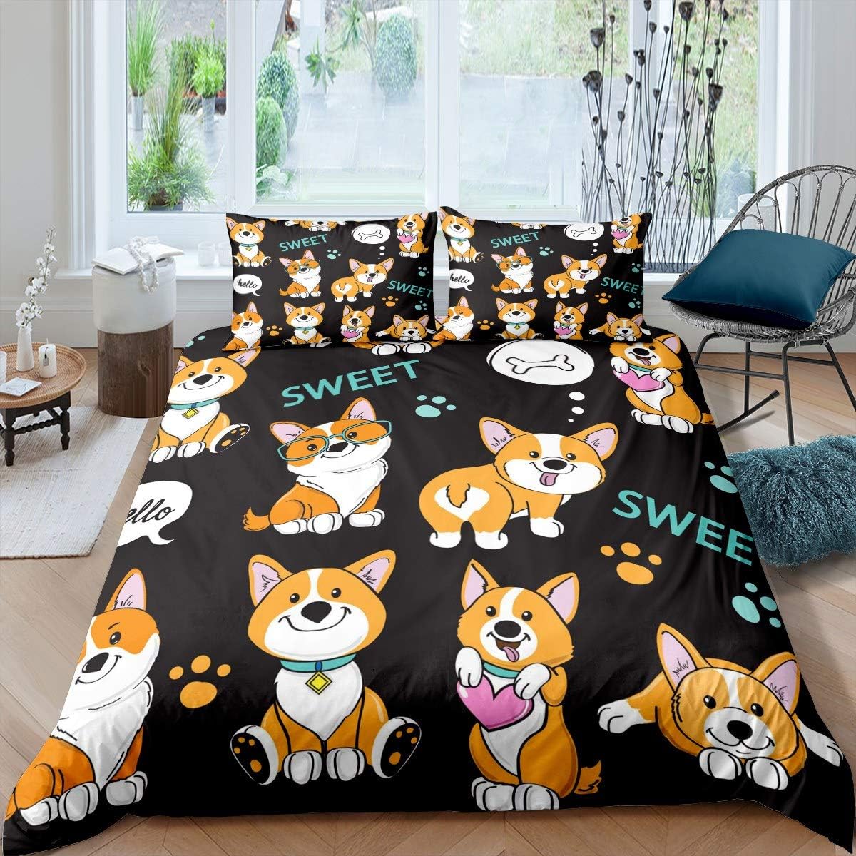 Feelyou Kids Dog Duvet Cover Cute Pet Puppy Bedding Set Cartoon Welsh Corgi Paw Comforter Cover for Boys Girls Children Teens Bedroom Decor Animal Theme Bedspread Cover Full Size with 2 Pill
