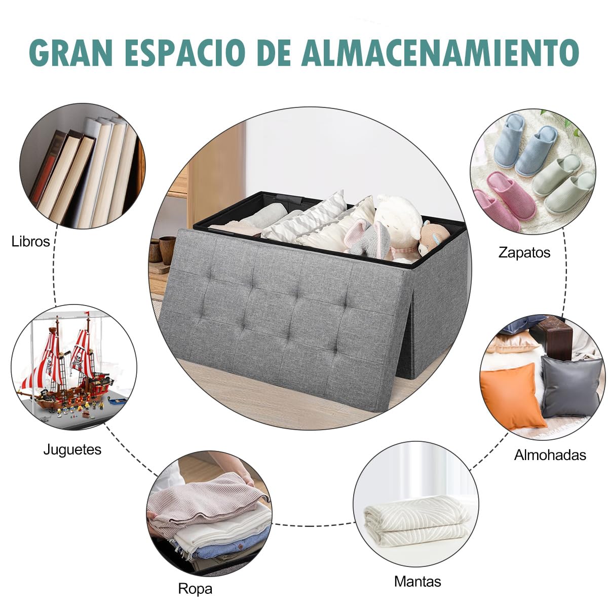 COSTWAY Otomana de Almacenamiento Plegable, 80 x 41 x 41 cm, Taburete Almacenaje, Puff Almacenaje, Banco para Zapatos con Asiento Acolchado para Sala de Estar, Dormitorio y Entrada (Gris Claro)