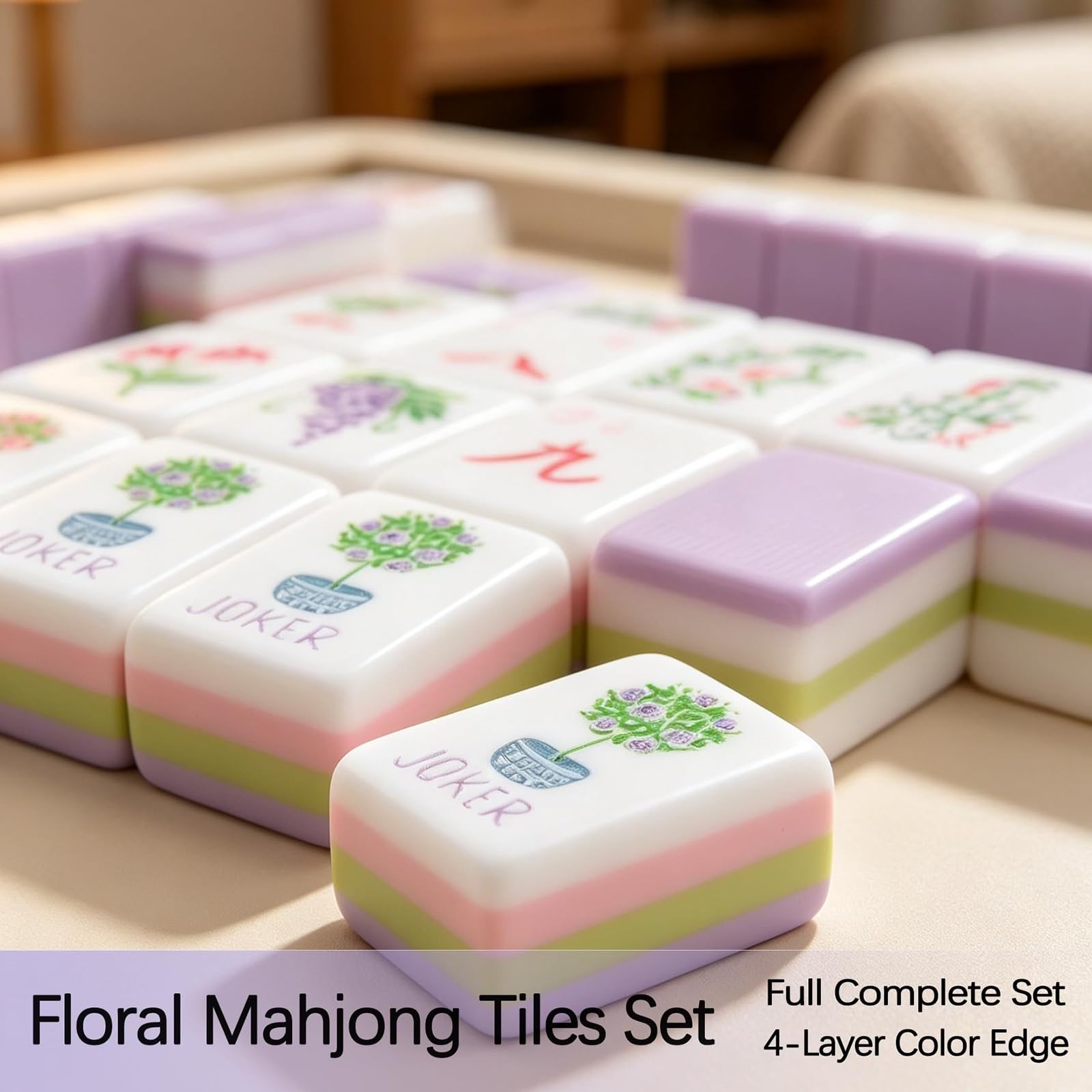 Zestaw Kafelków Mahjong 4 Warstwy Amerykański Mahjong | 3 Kostki Zestaw Mahjong 160 Sztuk Premium Wzór do Domu i Spotkań(Floral)