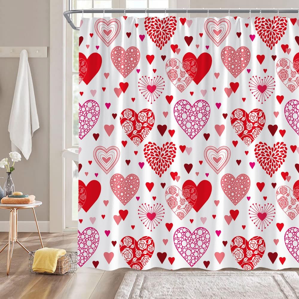 Sunhe Valentine's Day Shower Curtain Red Pink Sweet Heart Romantic Love for Lover Couple Weeding Festival Bathroom Decor Fabric Curtain with Hooks