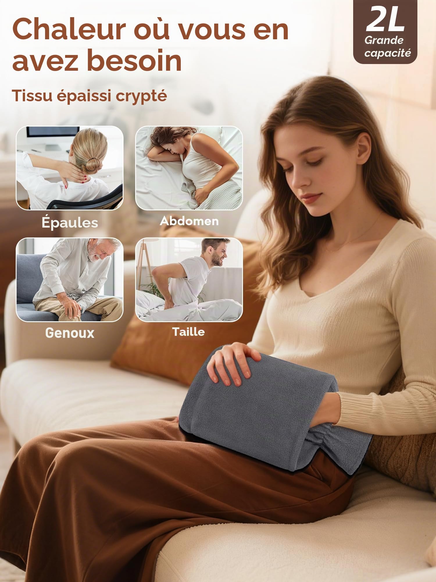 Bouillotte Avec Housse En Non-Tissé - Grande Bouillotte Eau Chaude Anti-Fuite De 2L - Bouillote Douce Avec Poche Kangourou - Pour Enfants Et Adultes (Gris)