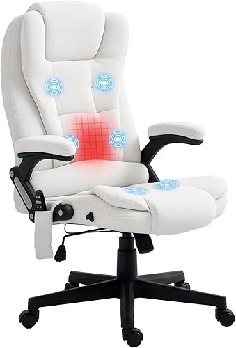 Miniatura 10 de HOMCOM Silla de oficina de masaje vibratorio de 6 puntos con calor, silla de oficina ejecutiva de lino con respaldo alto y respaldo reclinable,