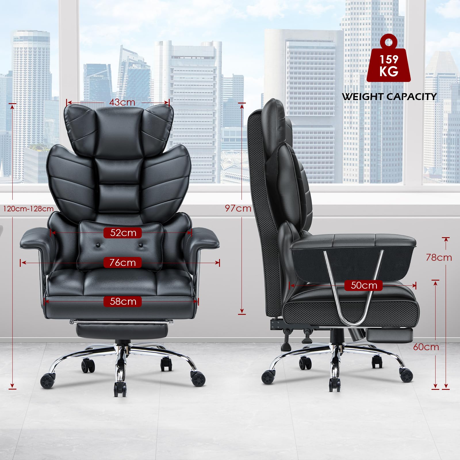 Racingreat Chaise de Bureau, Chaise Ergonomique à Dossier Haut avec Support Lombaire et Repose-Pieds Extensible Fauteuil Bureau, Hauteur réglable, Angle du Dossier Réglable,en Cuir PU,Noir