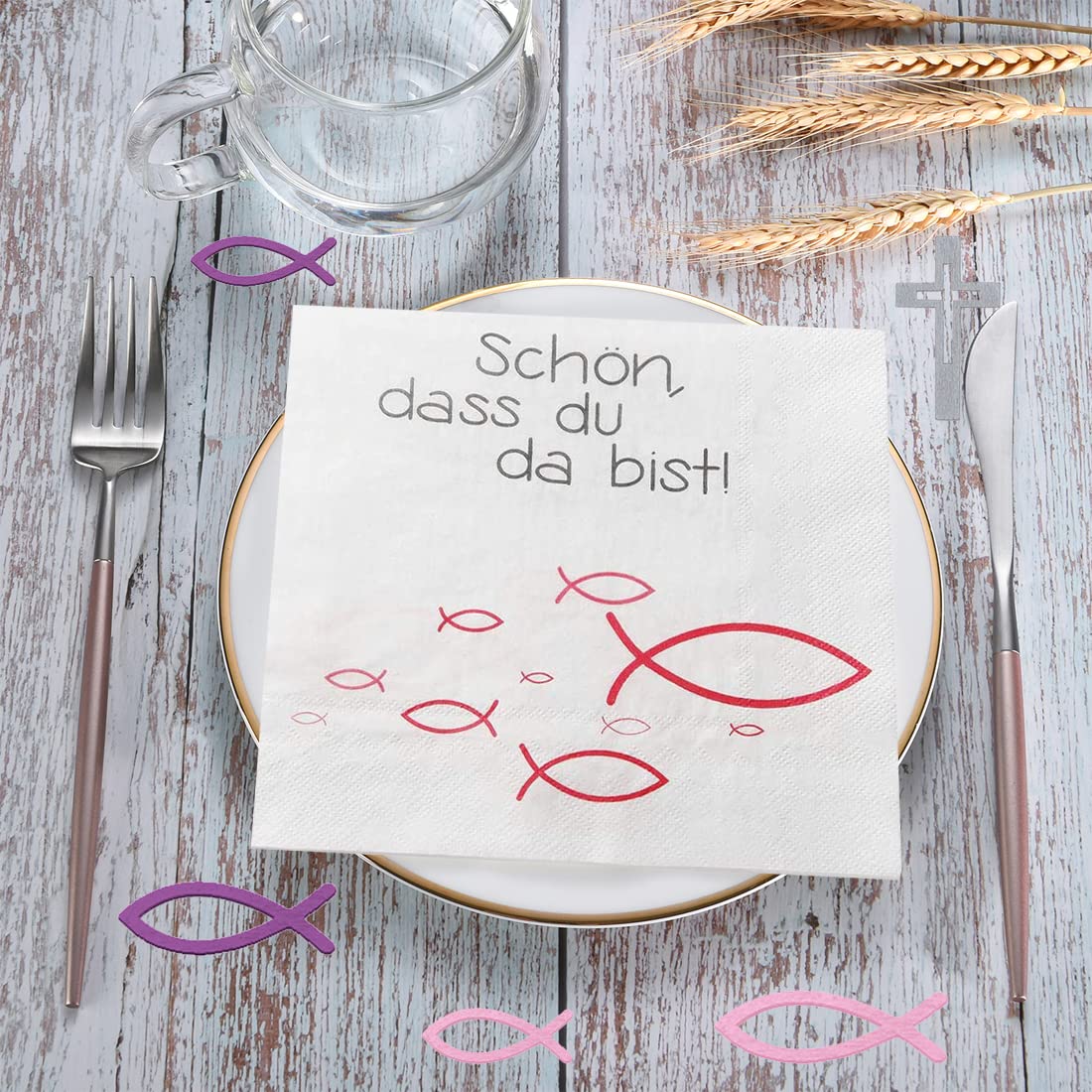 Tovaglioli Cresima Confezione Da 40 Tovaglioli E 45 Decorazioni Per Pesci In Legno, "Schön, Dass Du Da Bist!", Decorazione Da Tavolo Per Battesimo, Comunione, Cresima O Altre Occasioni Festive, 33 X 33 Cm Cresima Ragazza - 9