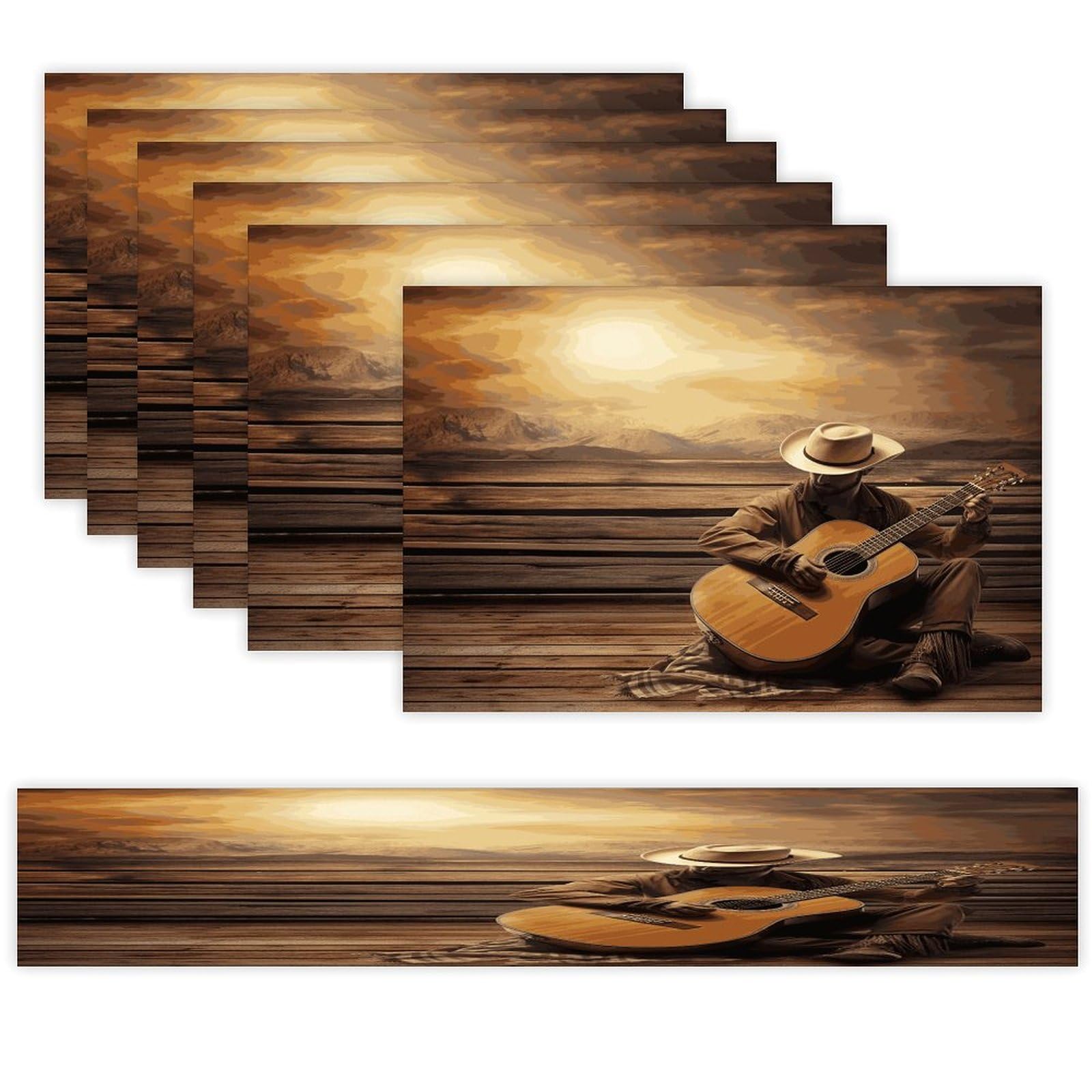 Western Music Table Runner and Placemats Set of 6 for Kitchen Washable Table Mats Heat Resistant Place Mats Non-Slip Place Mat Wipeable Placemat(6 Placemats+1 Table Runner)